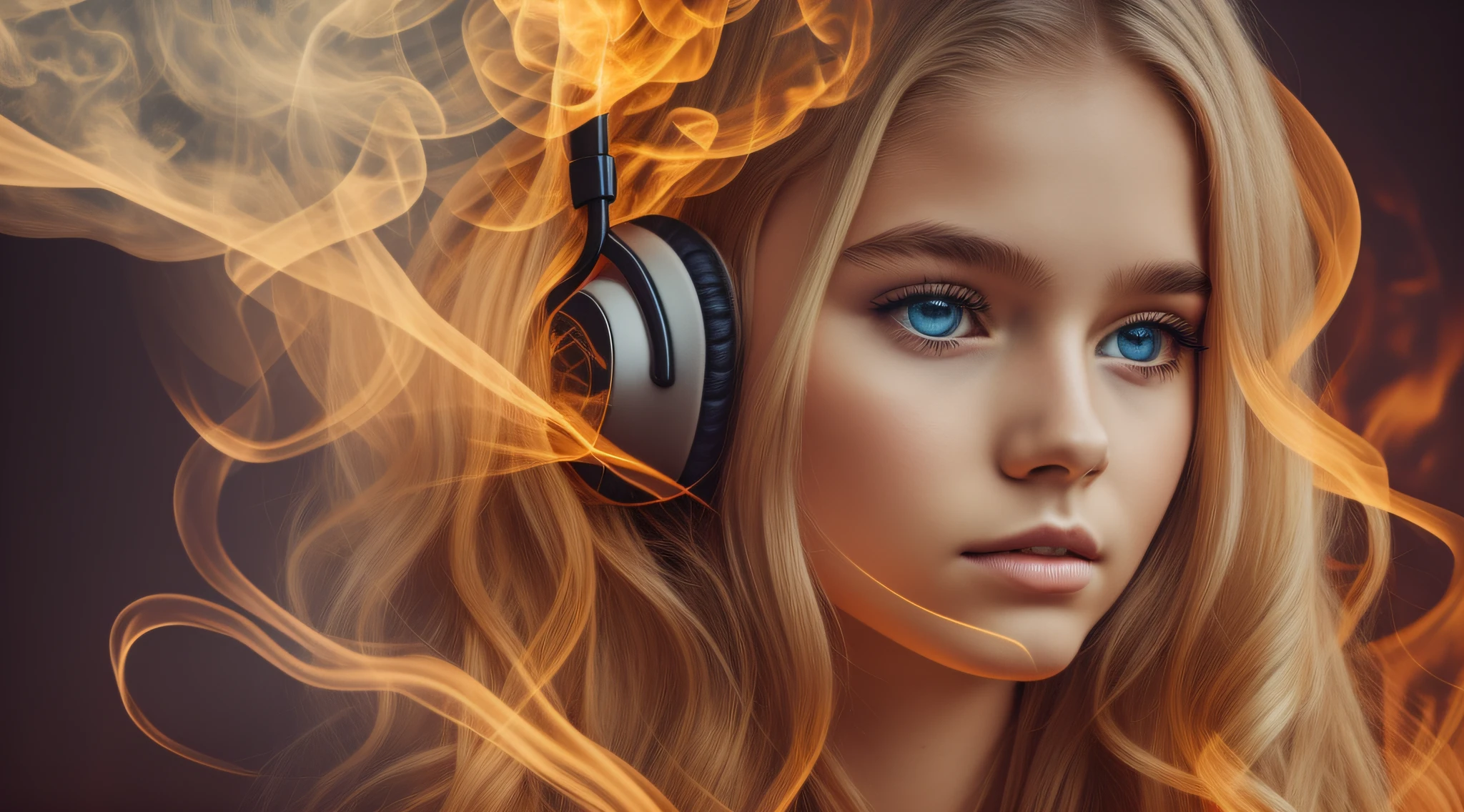 there is a 14 YEAR OLD GIRL In headphones, ELLY, LONG BLONDE HAIR, effects of smoke and flames --auto --s2
