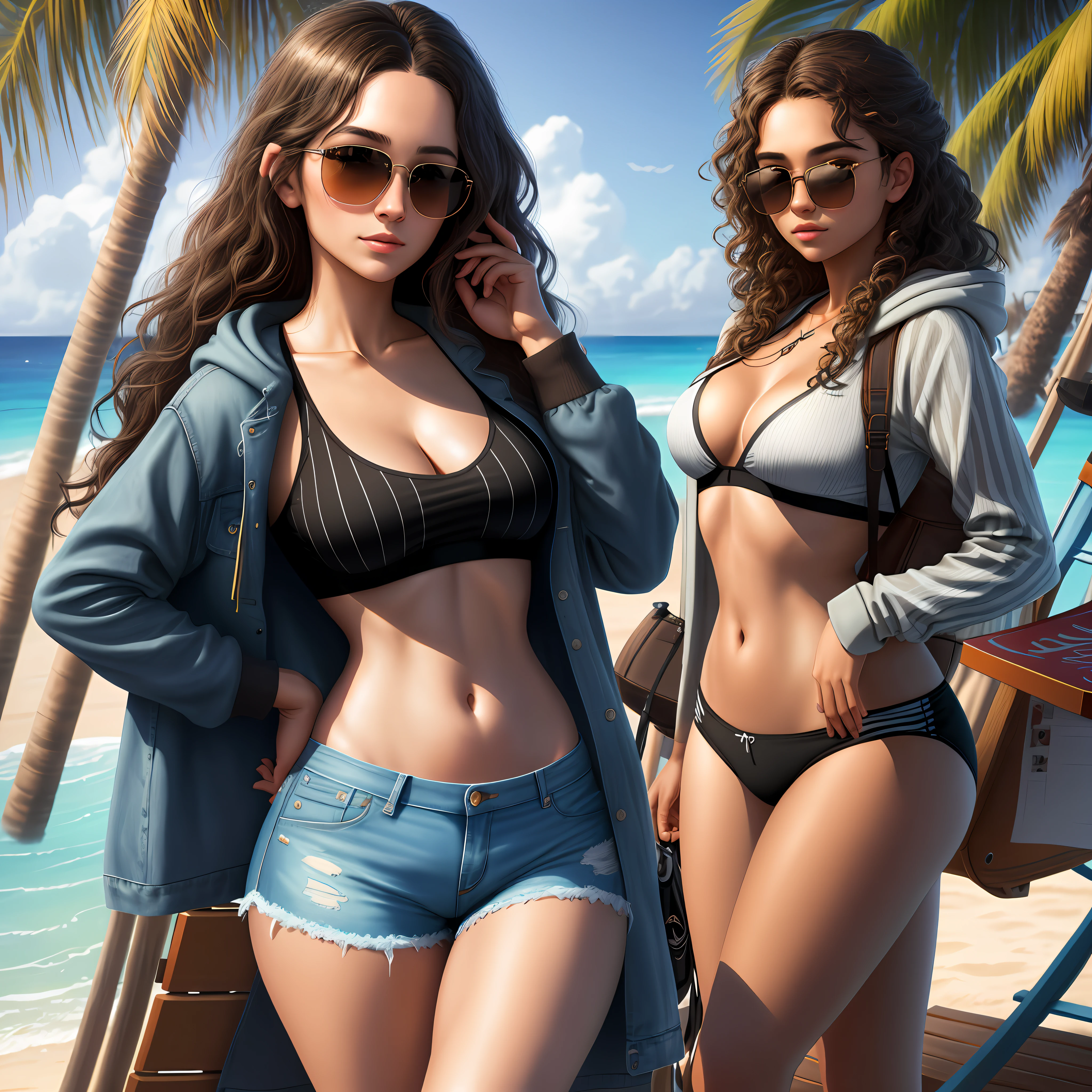 Prompt: hyper realistic beautiful young woman with long brown curly hair, hyper detailed pretty attractive face,perfect body wearing black striped top and long unbuttoned hoodie, sunglasses, short denim shorts, sunny beach scenery, deck chairs, natural beauty, full image, full figure, high face details photorealistic, photorealism, hyperrealism, hyperdetailed, cinema lighting, sharp, full size, synthetic, 8k, UHD,HDR