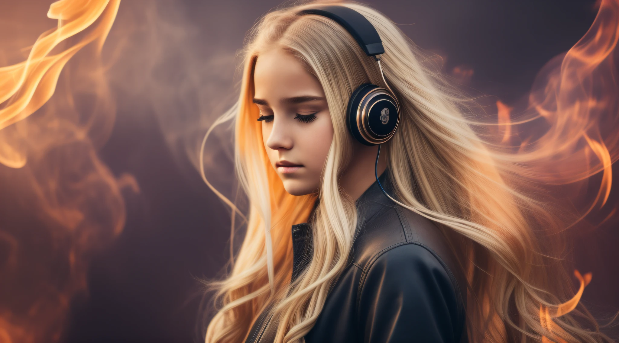 there is a 14 YEAR OLD GIRL In headphones, ELLY, LONG BLONDE HAIR, effects of smoke and flames --auto --s2