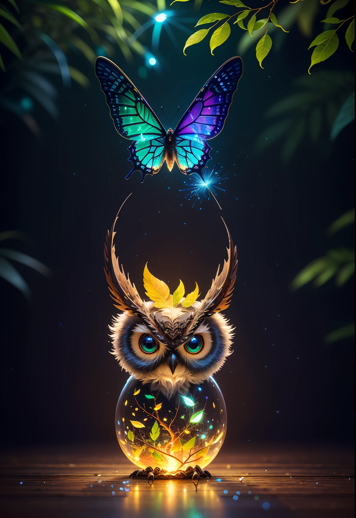 Masterpiece, best quality, extremely beautiful reflection, best reflection. (Very detailed CG unity 8k wallpaper), (best quality), (best illustration), (best shadow), a photo of a cybernetic owl, perched on barbed wire in a dark alley. His eyes are neon blue, reflecting the lights of the surrounding city. The feathers are fragmented and iridescent, and there is a wonderful code running through them. The shots used create a deformation effect, giving the impression that an owl is observing the viewer from all angles, with a forest theme with natural elements. Tall trees, quiet stream, glowing small mushrooms surrounded by delicate leaves and branches, and fireflies and glowing particle effects, (natural elements), (jungle theme), (leaves), (branches), (fireflies), butterflies, (delicate leaves), (glow), (particle effects), isometric 3D, Octane rendering, ray tracing, super detailed