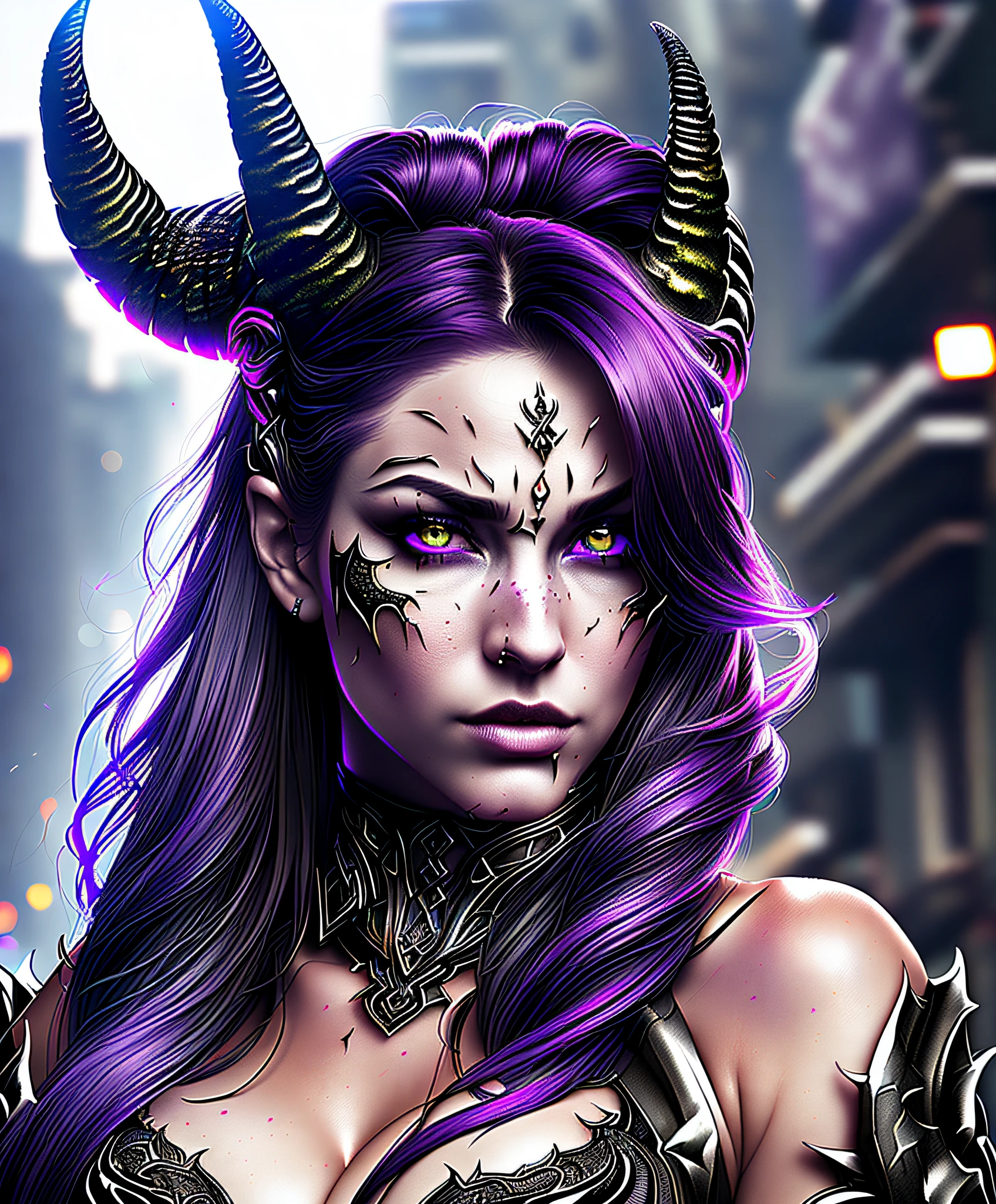 extremely detailed 8k wallpaper) +, an average photo of a woman with horns and purple flames in her hair, beautiful elegant demon queen, portrait of a dark fantasy nymph, portrait of a female demon, portrait of demon girl, white horns demon queen, with horns, real and menacing vision, dark queen of snakes, design girl lush horns, demon woman, digital fantasy portrait, portrait of a scorpion goddess in a destroyed cyberpunk city, detailed eyes, waist up Intricate, high detail, dramatic, best quality masterpiece, photorealistic, detailed, 8k, HDR, backlighting, flower, light glows, chromatic aberration, sharp focus