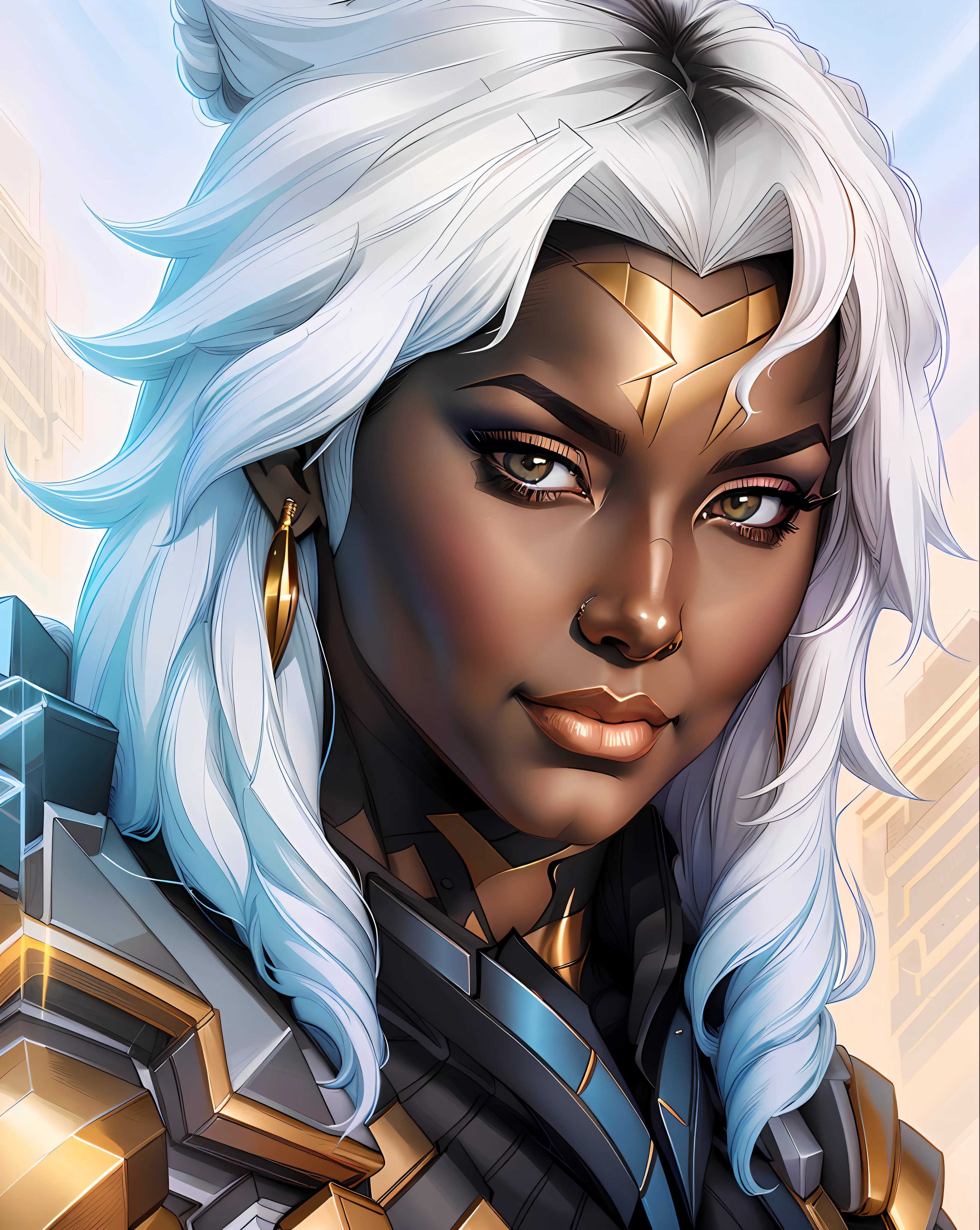 a close up of a woman in a black and gold outfit, portrait of ororo munroe, by Ross Tran, ross tran 8 k, chris moore. artgerm, ross tran style, style of stanley artgerm, in the style artgerm, style artgerm, artgerm julie bell beeple, by Oliver Sin