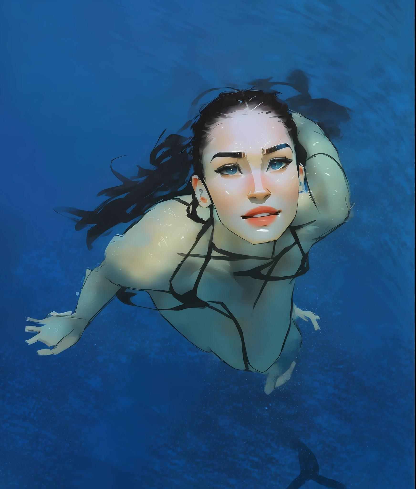 ((Samdoesarts)), a woman in a bikini swimming in a pool, in the water up to her shoulders, floating under the water, underwater looking up, illustration of a woman underwater, floating in the water, Megan Fox, pale skin, in the water! up to the shoulders, submerged in the water, above the water, under the water swimming, cartoon