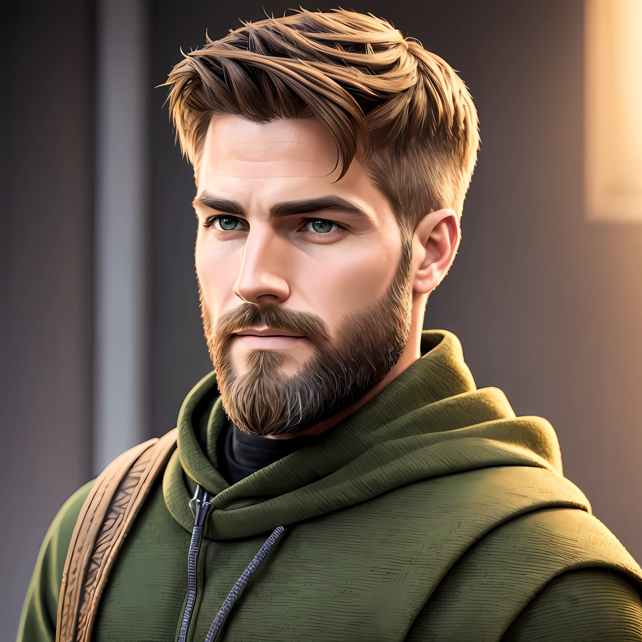 arafed man with a beard and a green hoodie looks at the camera, very attractive man with beard, short dark blond beard, 8k portrait render, cinematic realistic portrait, short brown beard, bearded beautiful man, unreal 5. rpg portrait, thick beard highly detailed, handsome stunning realistic, sharp jawline with a light beard, hyper realistic style, thick brown beard