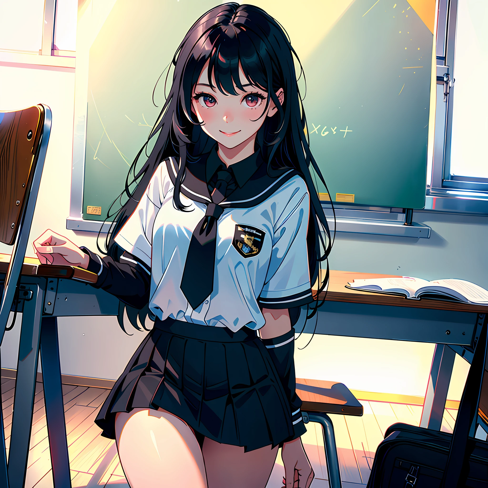 Ultra high resolution, 16k, ((masterpiece)), ((best quality))), ((super detailed)), a girl, long black hair, high school uniform, wide eyes, smile, in the classroom