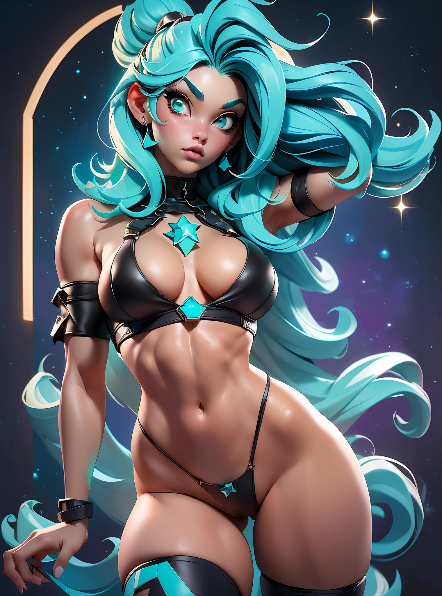 ((Best Quality)), ((Masterpiece)), ((Realistic)) and ultra-detailed photography of a girl with goth colors. She has ((turquoise hair)), wears a small black micro-thong, black micro-bikini , ((beautiful and aesthetic)), muscular fit body abs, sexy, under-boobs, hot, (clear star filled sky background)