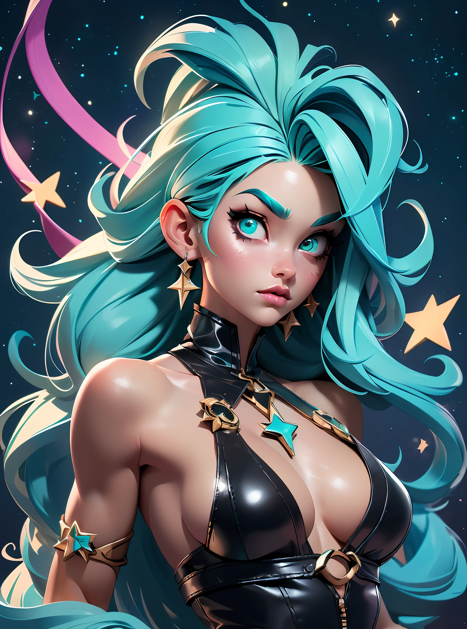 ((Best Quality)), ((Masterpiece)), ((Realistic)) and ultra-detailed photography of a girl with goth colors. She has ((turquoise hair)), wears a small black micro-thong, black micro-bikini , ((beautiful and aesthetic)), muscular fit body abs, sexy, under-boobs, hot, (clear star filled sky background)