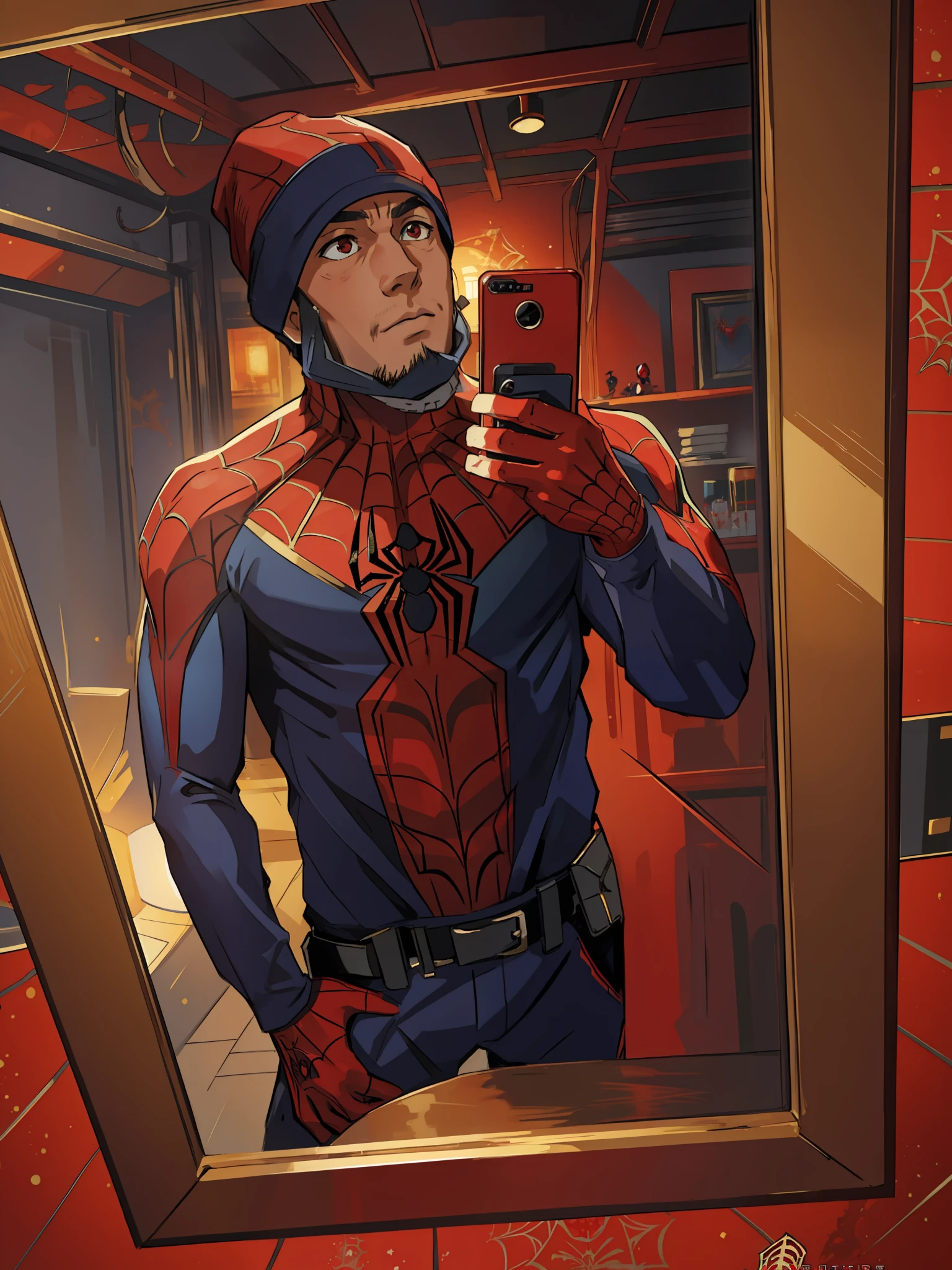 (masterpiece, best quality), intricate details, 8k, artstation, wallpaper, official art, splash art, sharp focus,
1boy, red eyes, Spiderman, male, selfie
 spider suit, web print, web