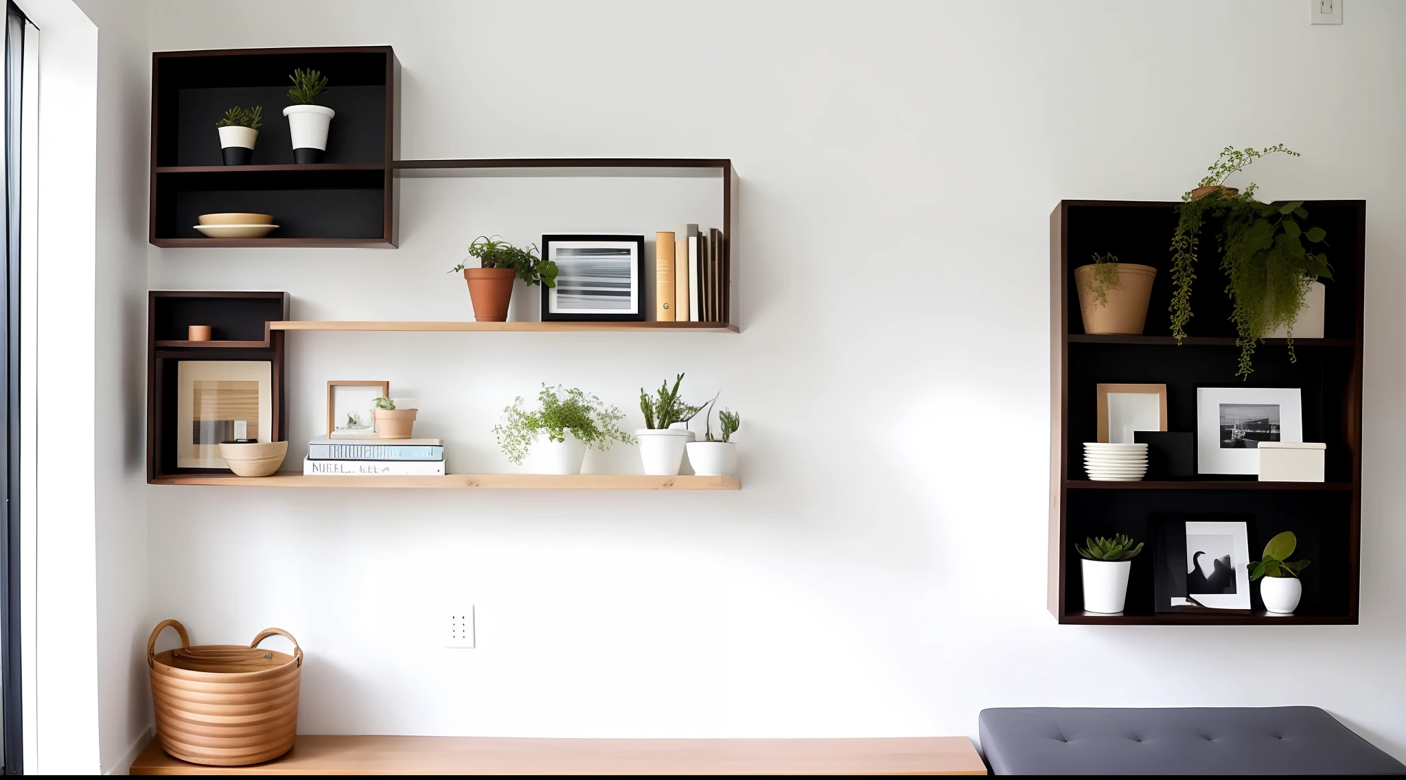 use of vertical space, shelves, hooks, minimalist environment, [(:white_wall, :wood_floor, :wooden_shelves, :black_hooks)]