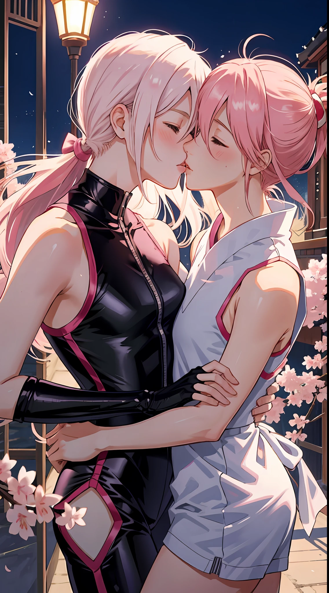 "(2 women kissing, Sakura kissing Ino), sexy ninja sleeveless latex outfits, sweat, workout, small breasts, yuri:1.4, provocative, scene background with hyper details, Konoha village.", perfect anatomy, perfect arms, perfect hands,