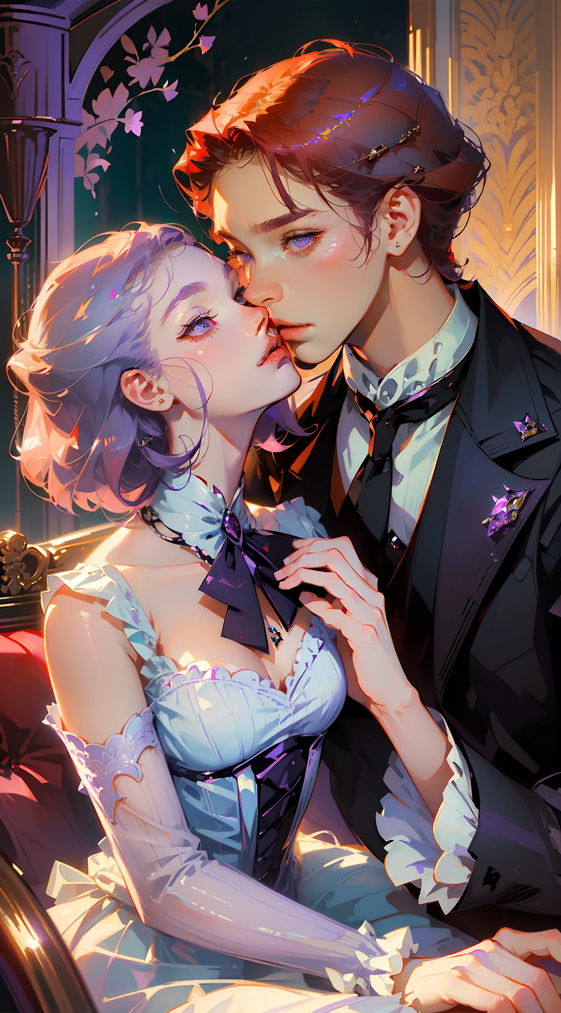 ((masterpieces)), best quality, exceptional illustration, a couple kissing, soft focus, (1 man with short red hair, RED EYES), (1 girl with short and shredded violet lilac hair, PURPLE EYES), Victorian clothes, Victorian romanticism, opulent and exquisite atmosphere, soft light and warm lighting. (((SPECIFIC CHARACTERISTICS)))