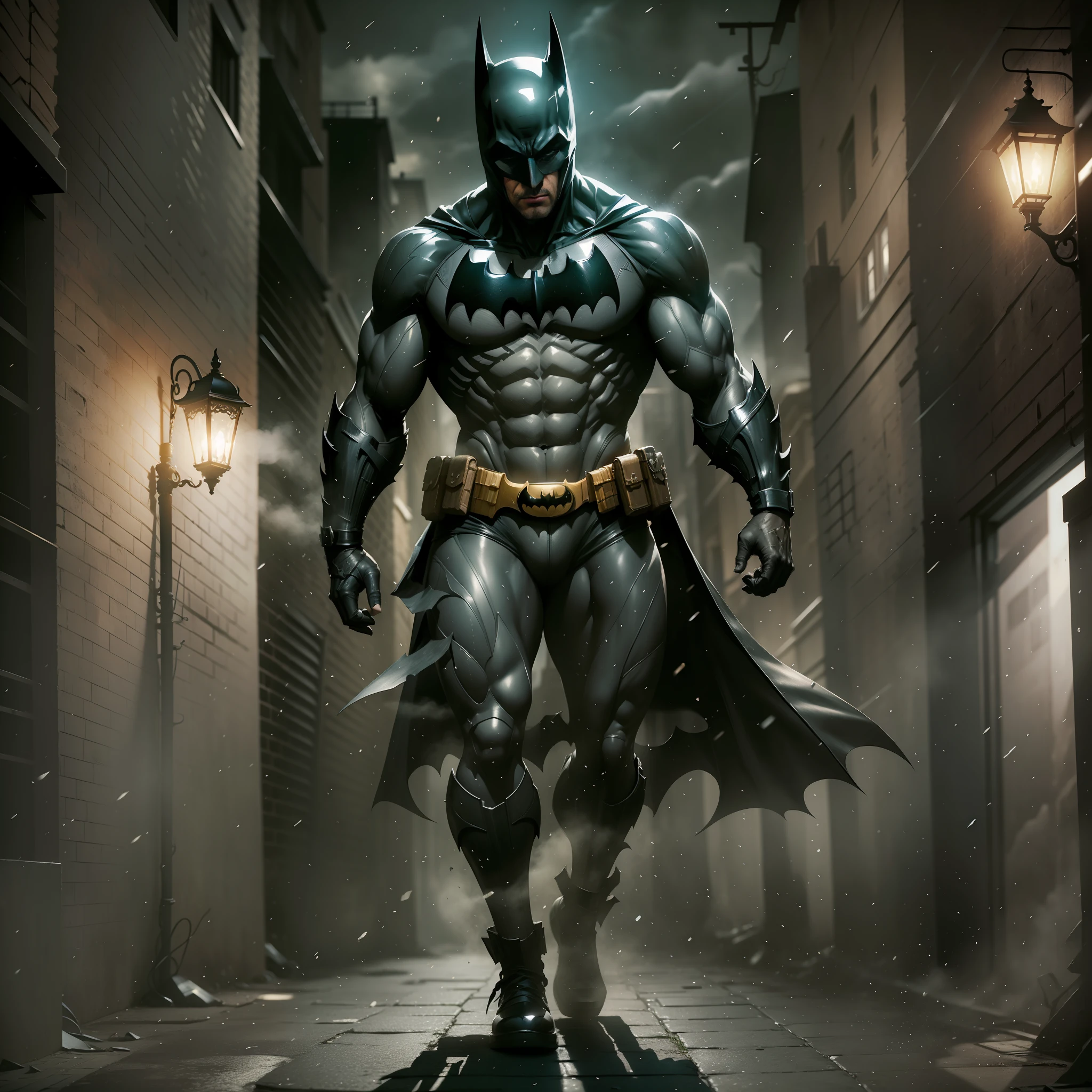 Batman coming out of an alley covered in shadows and mist,8k,high details,realistic,perfect,masterpiece,8m0b style,(full body).
