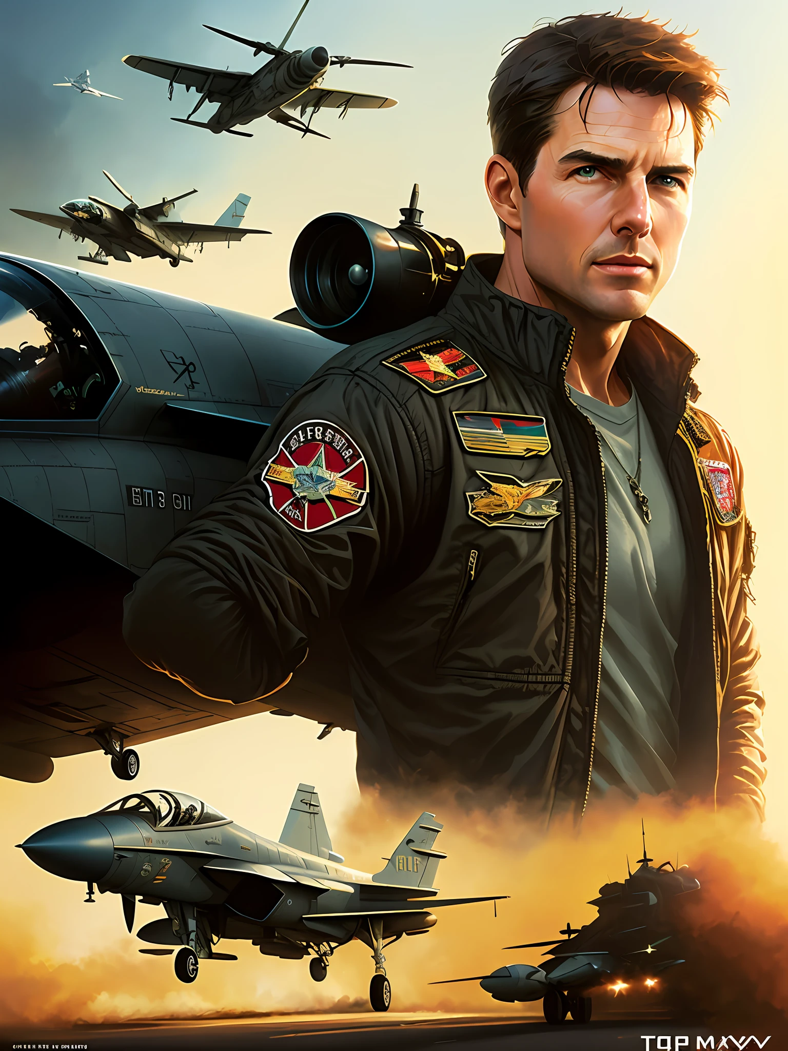Tom Cruise of Top Gun, vhs effect, (poster: 1.3), poster on the wall, nostalgia, movie poster, (skin texture), intricately detailed, fine details, hyperdetailed, ray tracing, subsurface scattering, diffuse soft lighting, F-14 Tomcat airplanes detailed in the background, shallow depth of field, by (Oliver Wetter) majestic professional oil painting by Ed Blinkey, Atey Ghailan, Studio Ghibli, by Jeremy Mann, Greg Manchess, Antonio Moro, trend at ArtStation, trend at CGSociety, Intricate, High Detail, Sharp focus, dramatic painting and photorealistic art of (greg rutkowski:1.4), bokeh