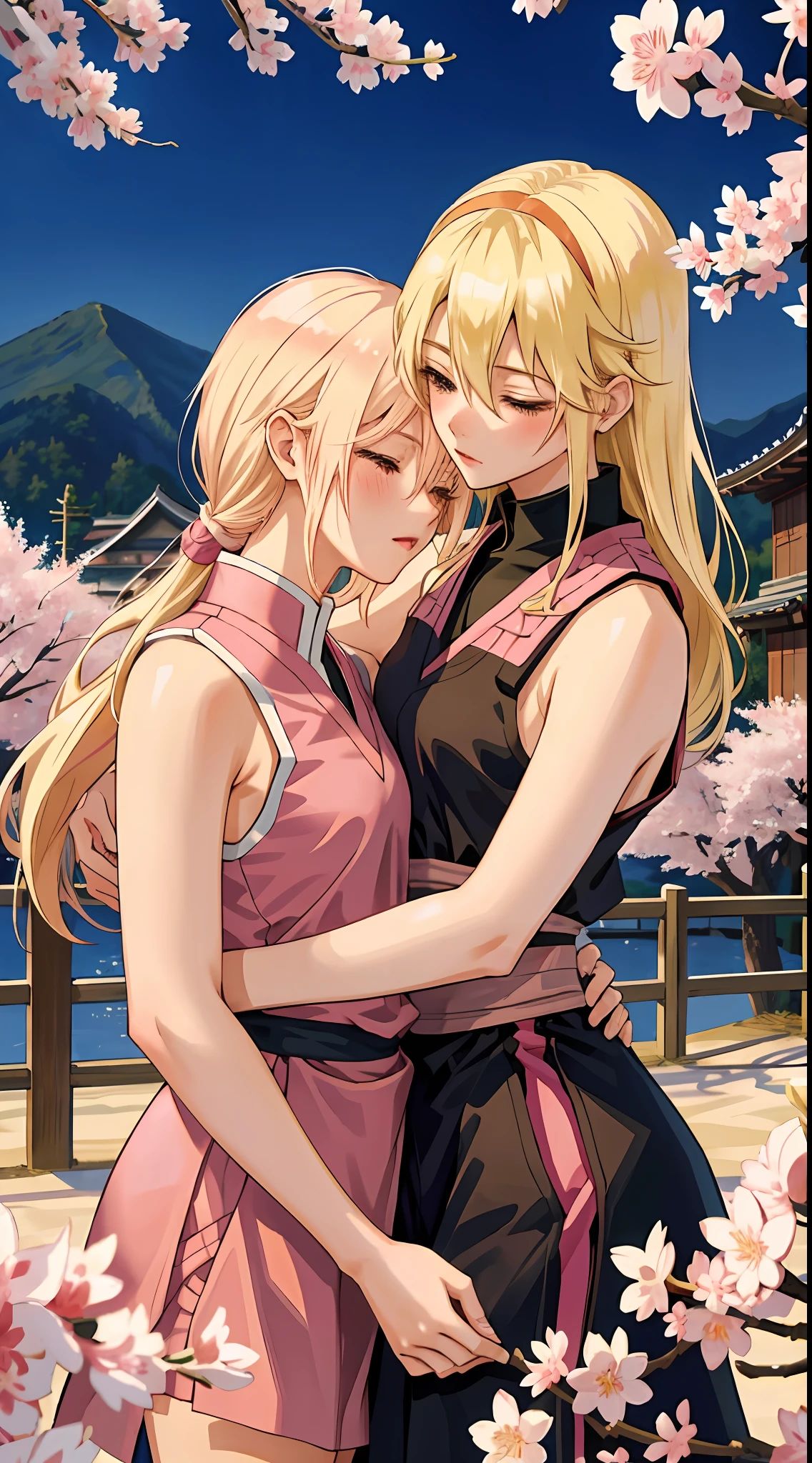 "(2 women kissing, Sakura kissing Ino, blonde), sexy sleeveless konoha ninja outfits, sweat, training, small breasts, yuri:1.4, provocative, scene background with hyper details, Konoha village.", perfect anatomy, perfect arms, perfect hands,