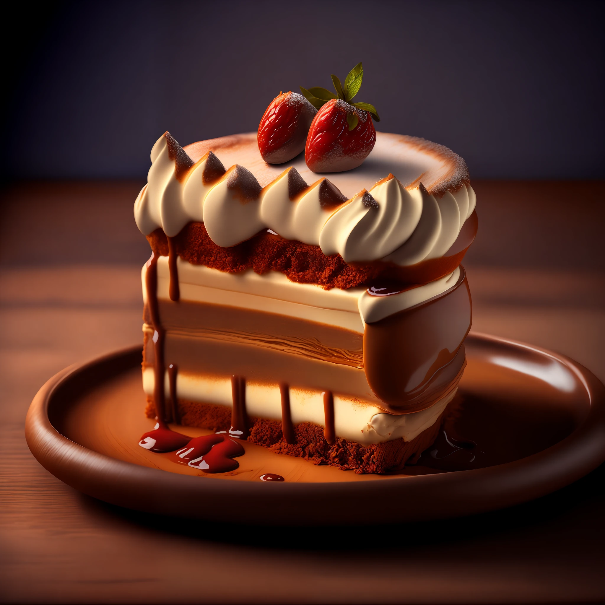 A tiramisu on wooden plate, hyper realistic digital painting, color hyperrealism, amazing food illustration, amazing food photography, hyper realistic oil painting, hyper realistic color photo, ultra realistic oil painting, realistic color photography, hyper realistic oil painting, hyper realistic oil painting, beautiful 3d rendering, hyper realistic digital painting