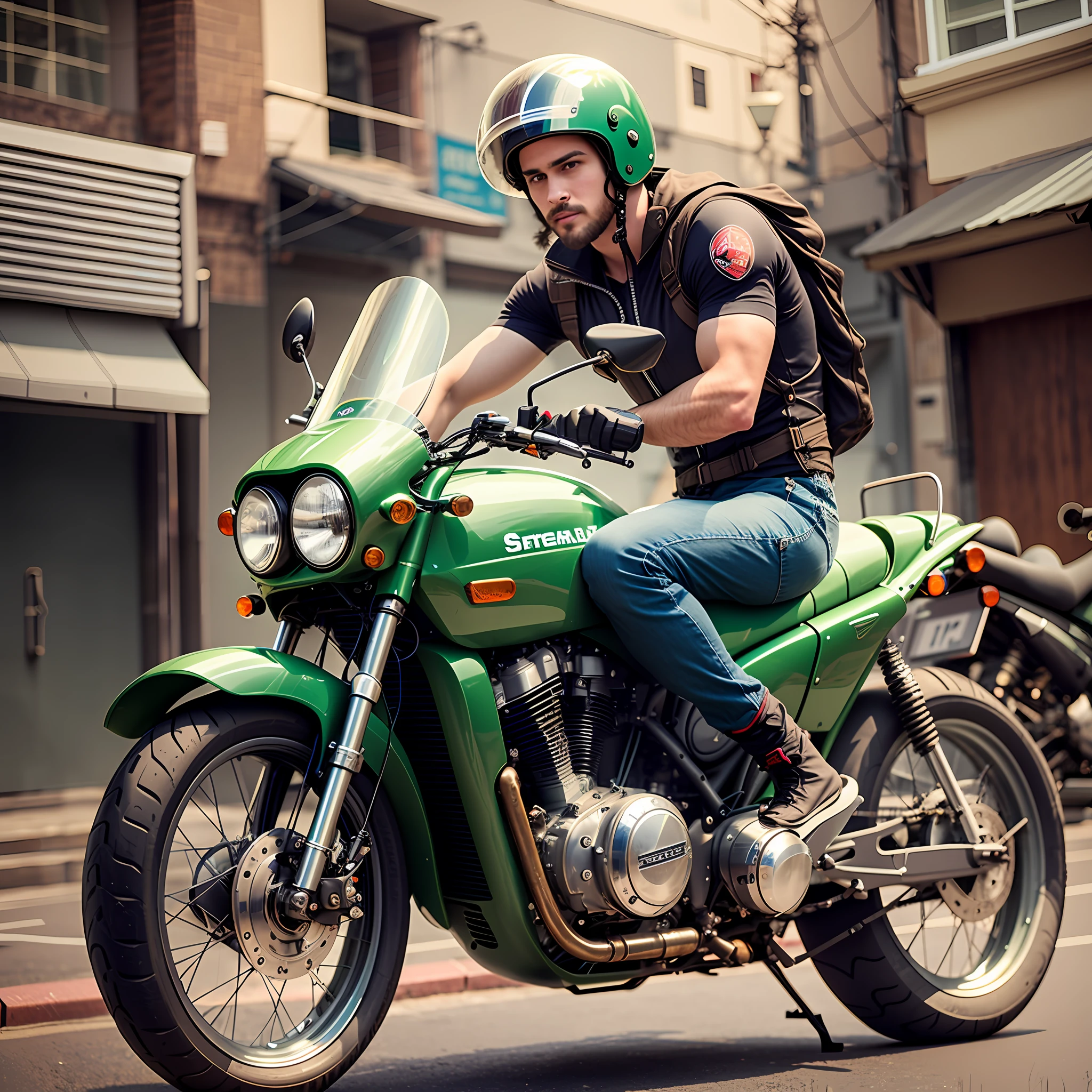 there is a man riding a green motorcycle on the street, kawasaki, picture of a male biker, riding a motorbike down a street, riding a motorcycle, shutterstock, cafe racer, motorbiker, motorcycle, sitting on a motorcycle, best on adobe stock, 🚿🗝📝, sitting on cyberpunk motorbike, biker, riding a futuristic motorcycle