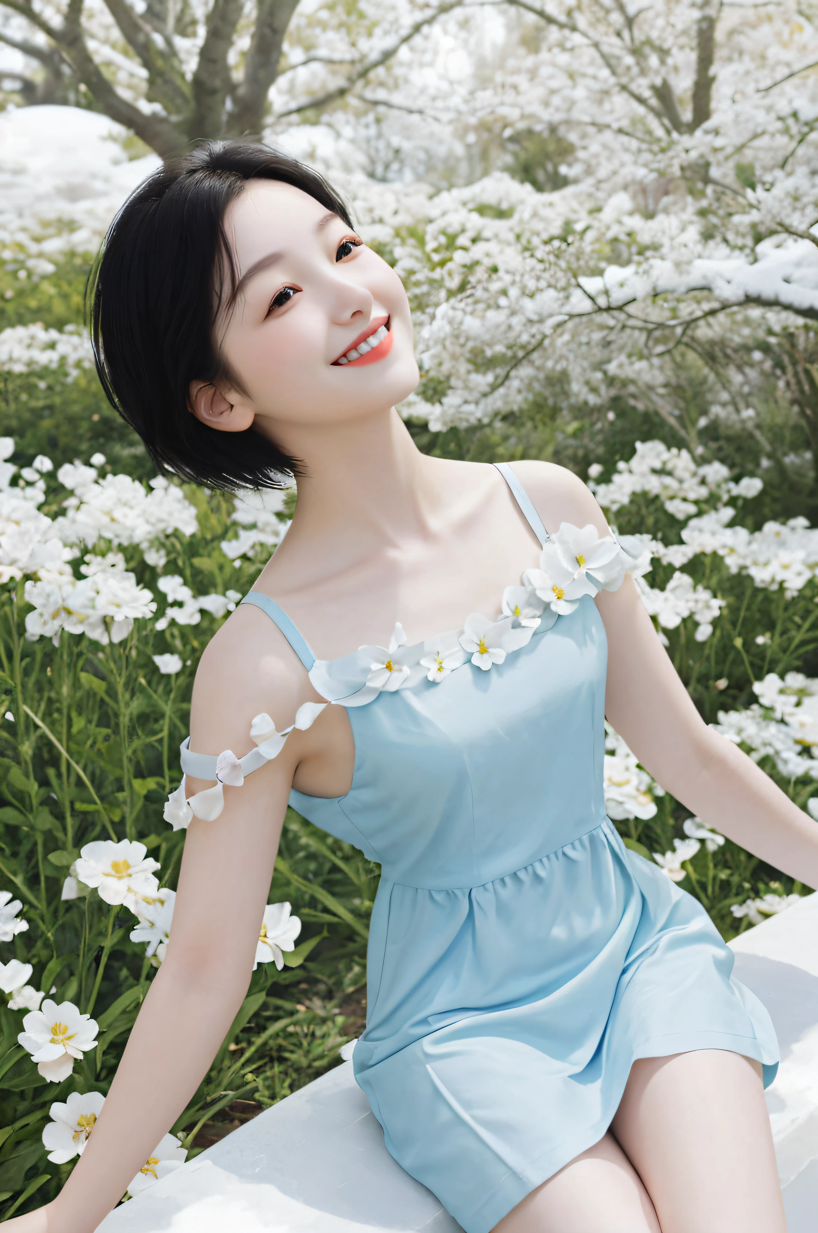 cute girl photo realistic,stands in a park where white clover blooms all around, exquisite and beautiful face, pretty face, (peach Red lips:1.1),pale skin, snow white skin, milky skin, smooth translucent skin, tender and smooth skin,(black hair:1.2),short hair,smile, exquisite collarbone, seductive and delicate collarbone, charming fragrant shoulders, shoulders slightly exposed, open-shoulder dress,sky blue short skirt,sleeveless,(sleeve:-2.0),smile with teeth,bokeh, full body,very realistic details, ultra-high resolution,outstanding details