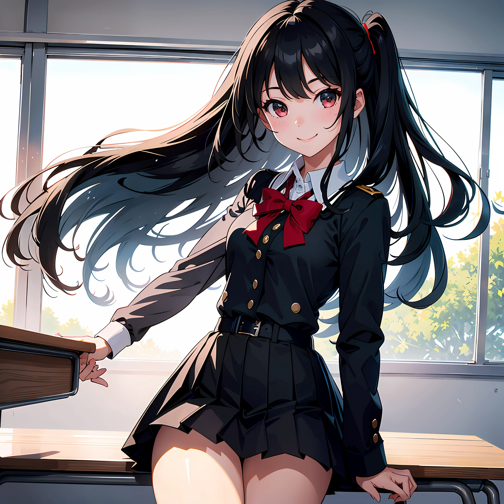 Ultra high resolution, 16k, ((masterpiece)), ((best quality))), ((super detailed)), a girl, long black hair, high school uniform, wide eyes, smile, in the classroom