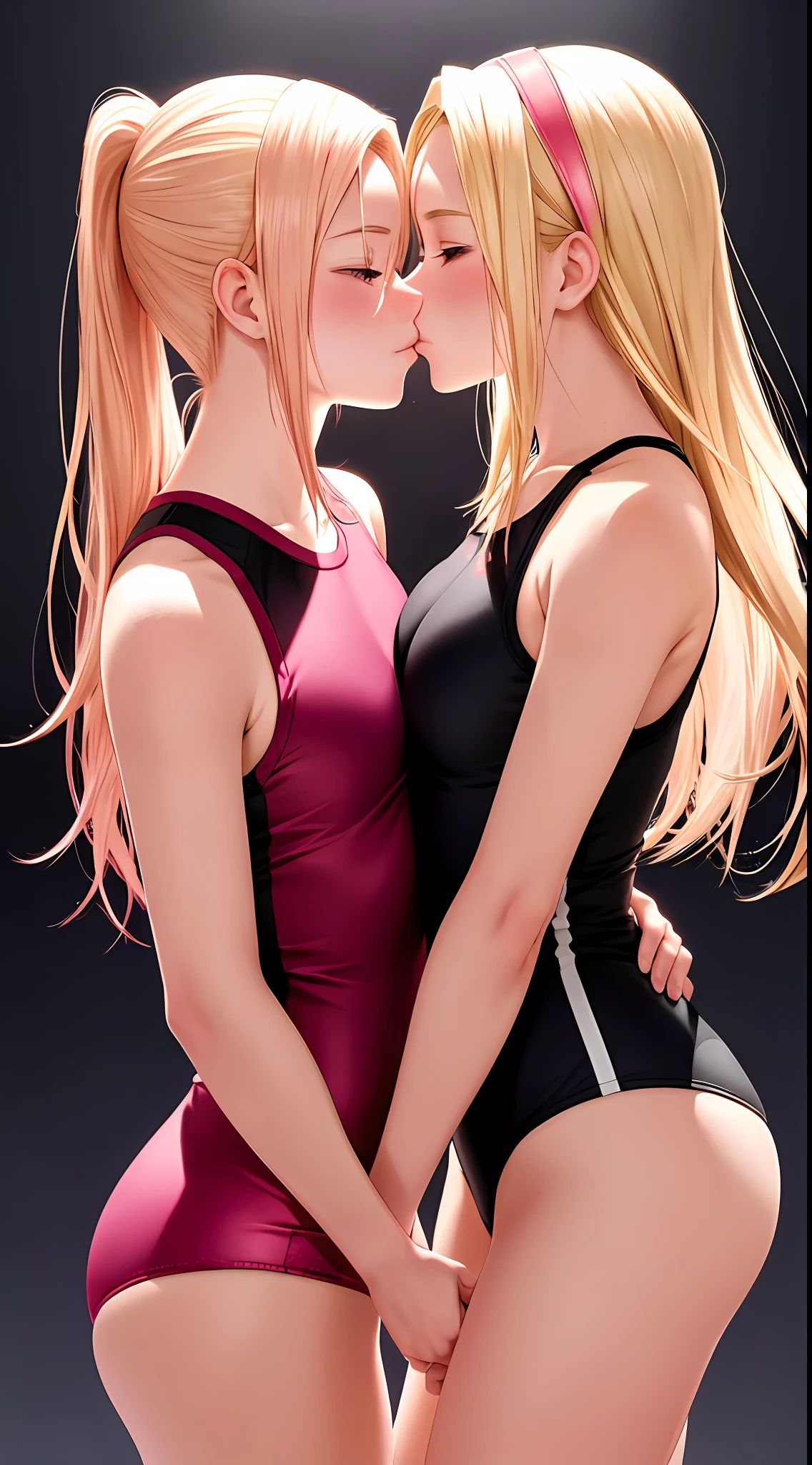 "(2 women kissing, Sakura kissing Ino, ino is blonde), sleeveless sexy spandex workout clothes, very sweaty, training, small breasts, yuri:1.4, provocative, scene background with hyper details, Konoha village.", perfect anatomy, perfect arms, perfect hands,