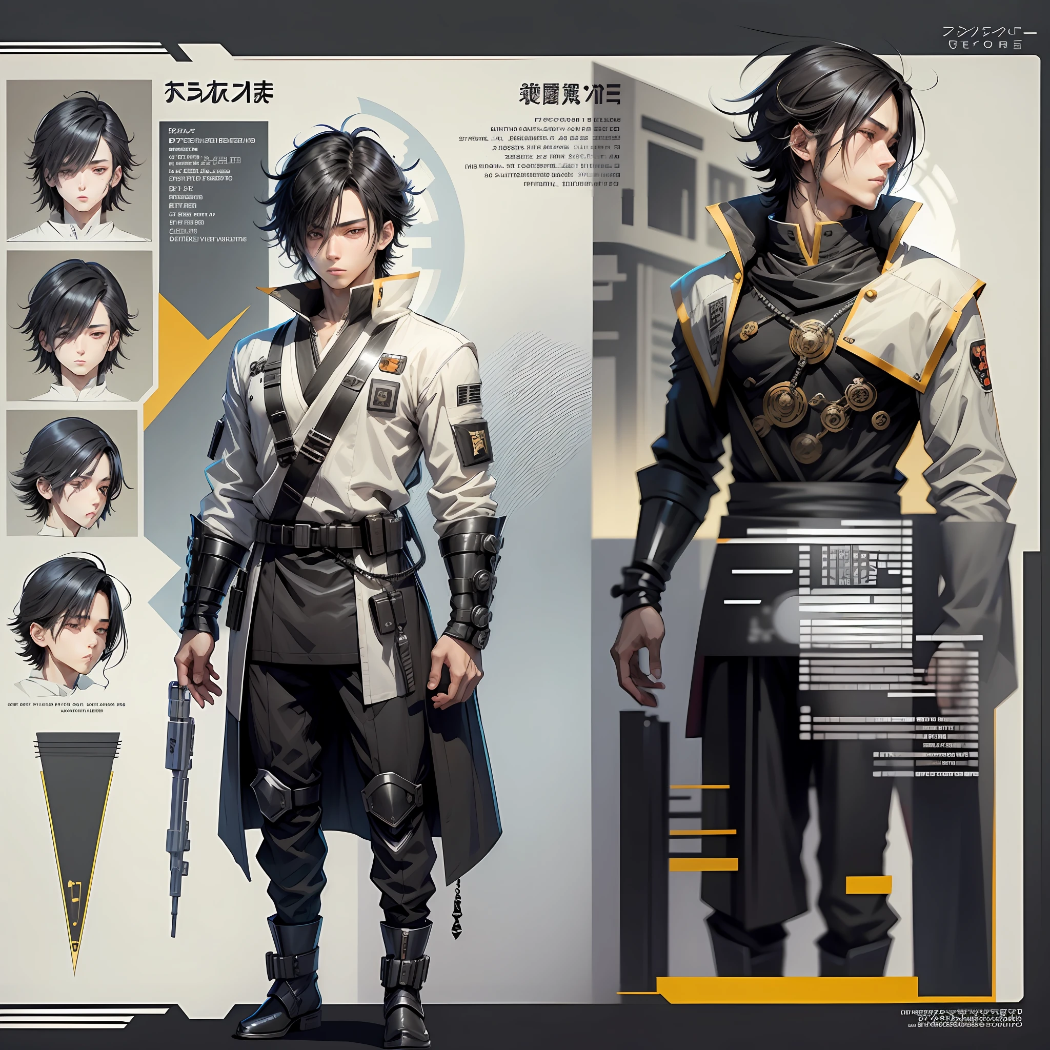 Japanese manga style with a mix of futuristic a boy smoking [long black hair and gray eyes] he has an intergalactic soldier outfit, full body, character sheet, white and black colors, details --auto --s2