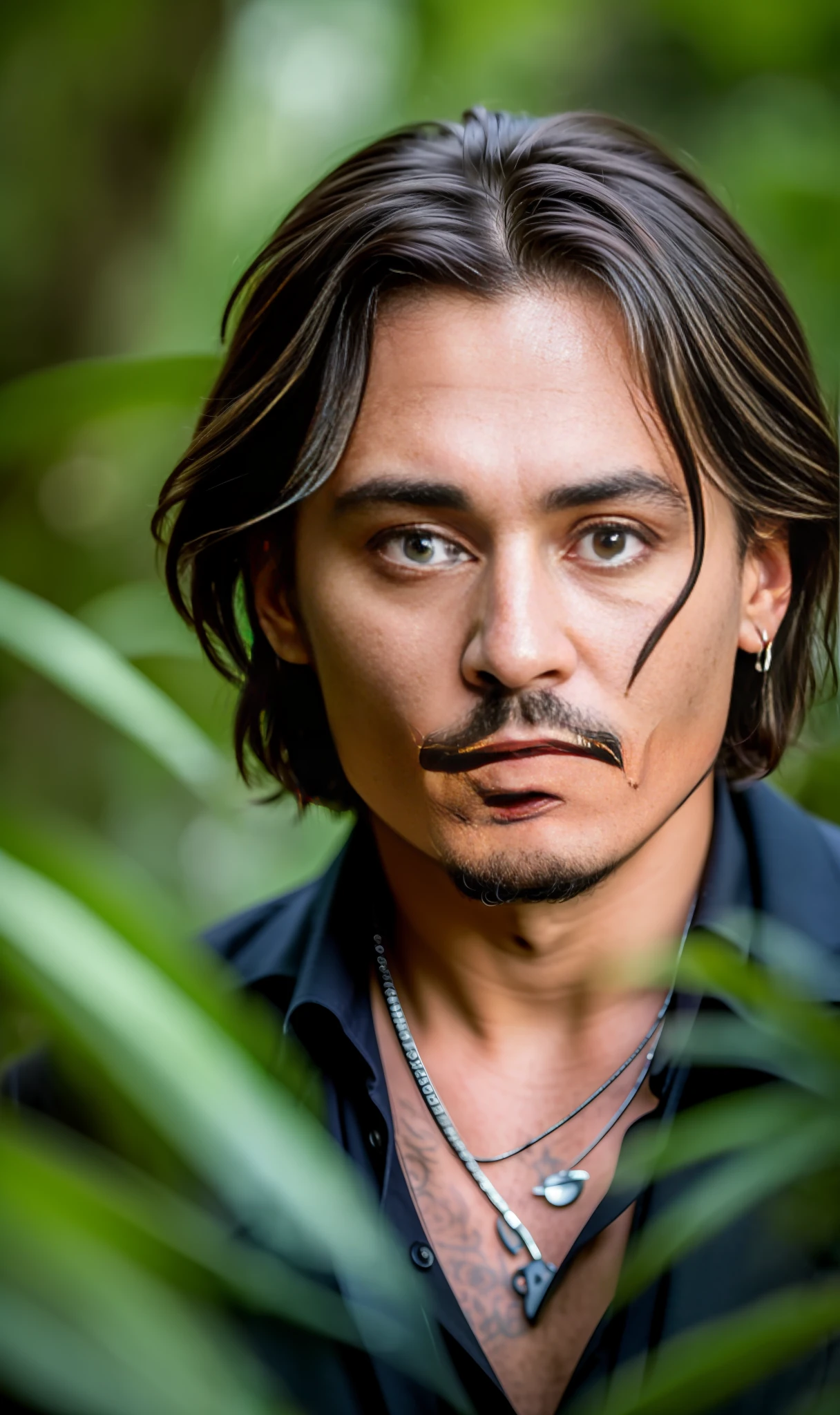 masterpiece, johnny depp walking through jungle at night among fireflies, (high detail:1 1), rough face, natural skin, high quality, nsfw, beautiful eyes, (detailed face and eyes), (face: 1 2), noise, extra, real photo, PSD, lamp film photography, sharp focus, contrast lighting, detailed skin, high resolution 8k, crazy detail, realistic, professional photography, 8k UHD, SLR camera, soft lighting, high quality, film grain, Fujifilm XT3