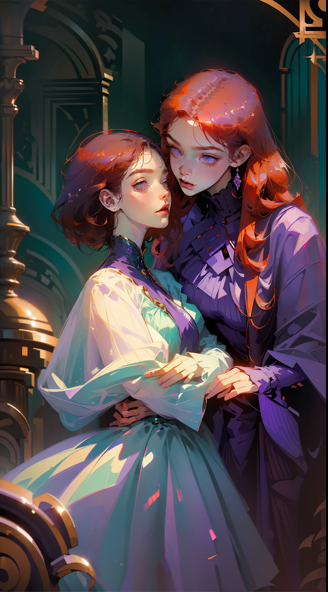 ((masterpieces)), best quality, exceptional illustration, a couple kissing, soft focus, (1 man with short red hair, RED EYES), (1 girl), (((short violet hair))) and shredded, PURPLE EYES), Victorian clothing, Victorian romanticism, opulent and exquisite atmosphere, soft light and warm lighting. (((SPECIFIC CHARACTERISTICS)))
