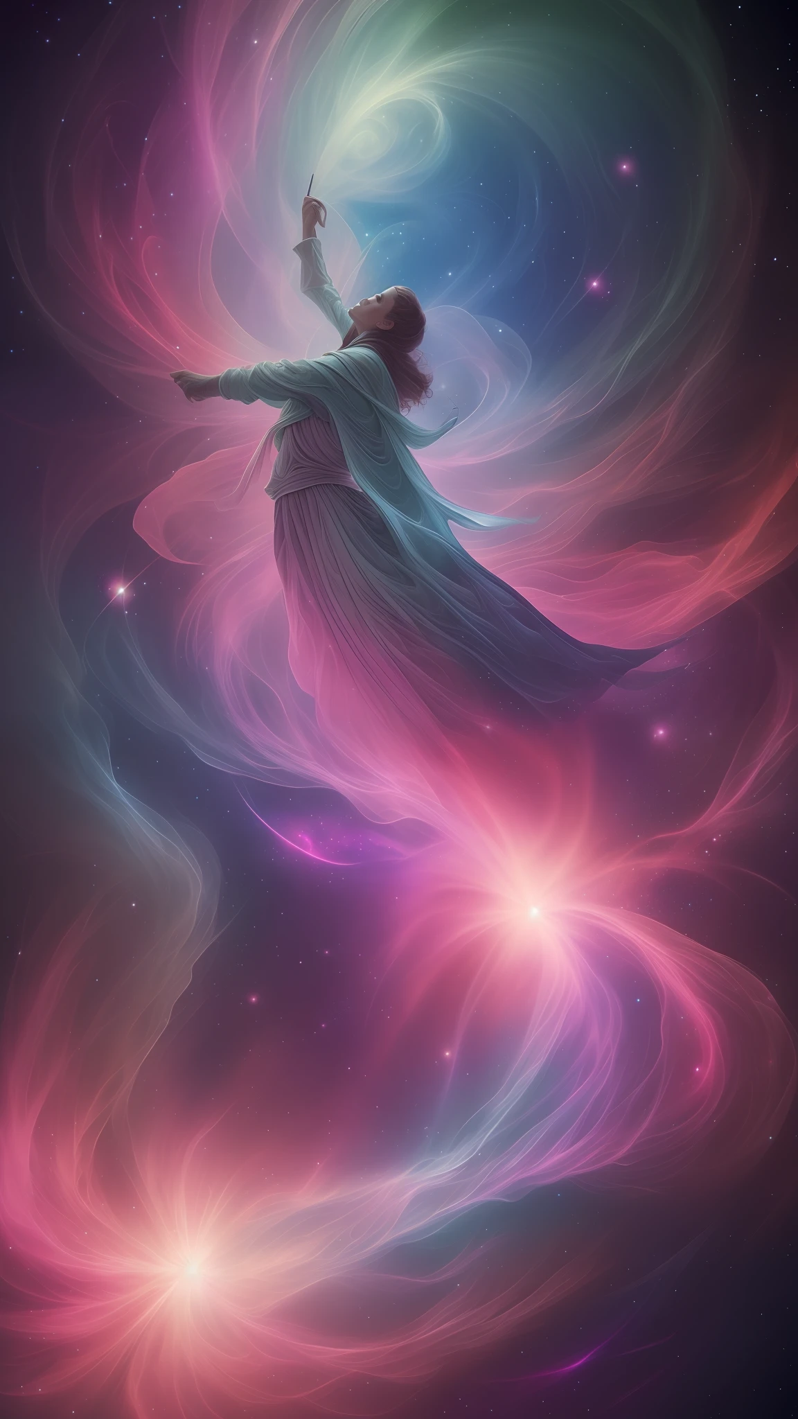 inconceivable and spectacular a scene of emergence of a figure from the glowing cloud, fractal nebula threads, cosmic entities, celestial, cosmic, vibrant and vivid, swirls, twirling, unrealistic, high contrast, symobolism, magical, mystical, mystifying, hyperrealistic, oversaturate, colorfully