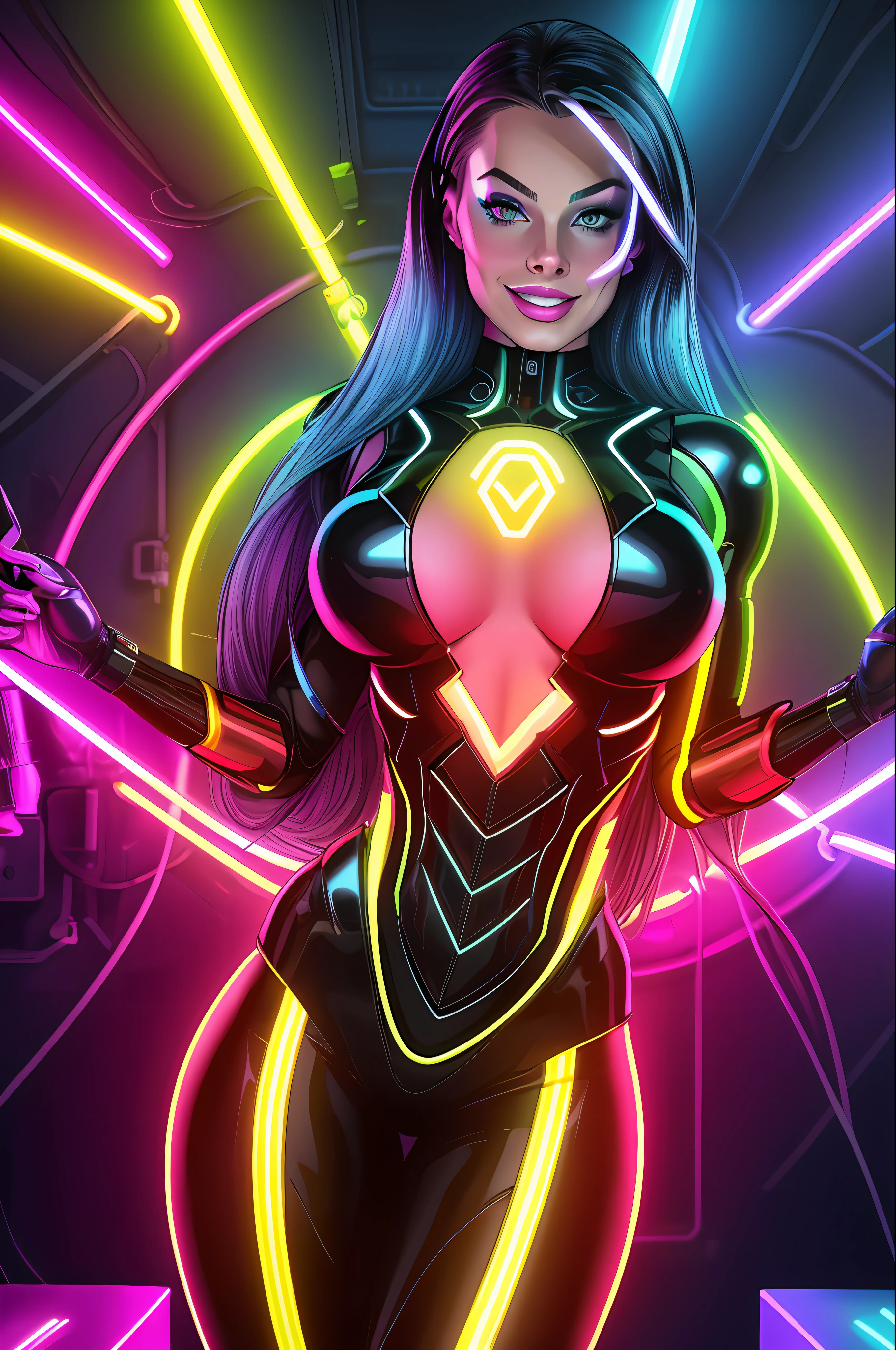 Margot Robbie style, cyborg woman, full body, (neon lights: 1.1), bright colors, (thepit bimbo :0.5), bright, sexy, cyborg, robot, exposed parts, exposed mechanics, ((cyborg body with exposed mechanics))

[Anita],, looking at the viewer, smile, symmetrical, centered, closeup, extreme closeup, upper body, cleavage focus,
milf, female, athletic, fit, tall, European, minidress, animated, smile, glowsticks, futuristic,
golden outline,
[(color colors of psychedelic explosion painting:1.1)::0.125],
iridescent, chromatic aberration, studio lights, bright light, glowing skin,
realistic, realistic, photo-realistic, 8k, highly detailed, body proportions,
diffuse light, laser lights, fog