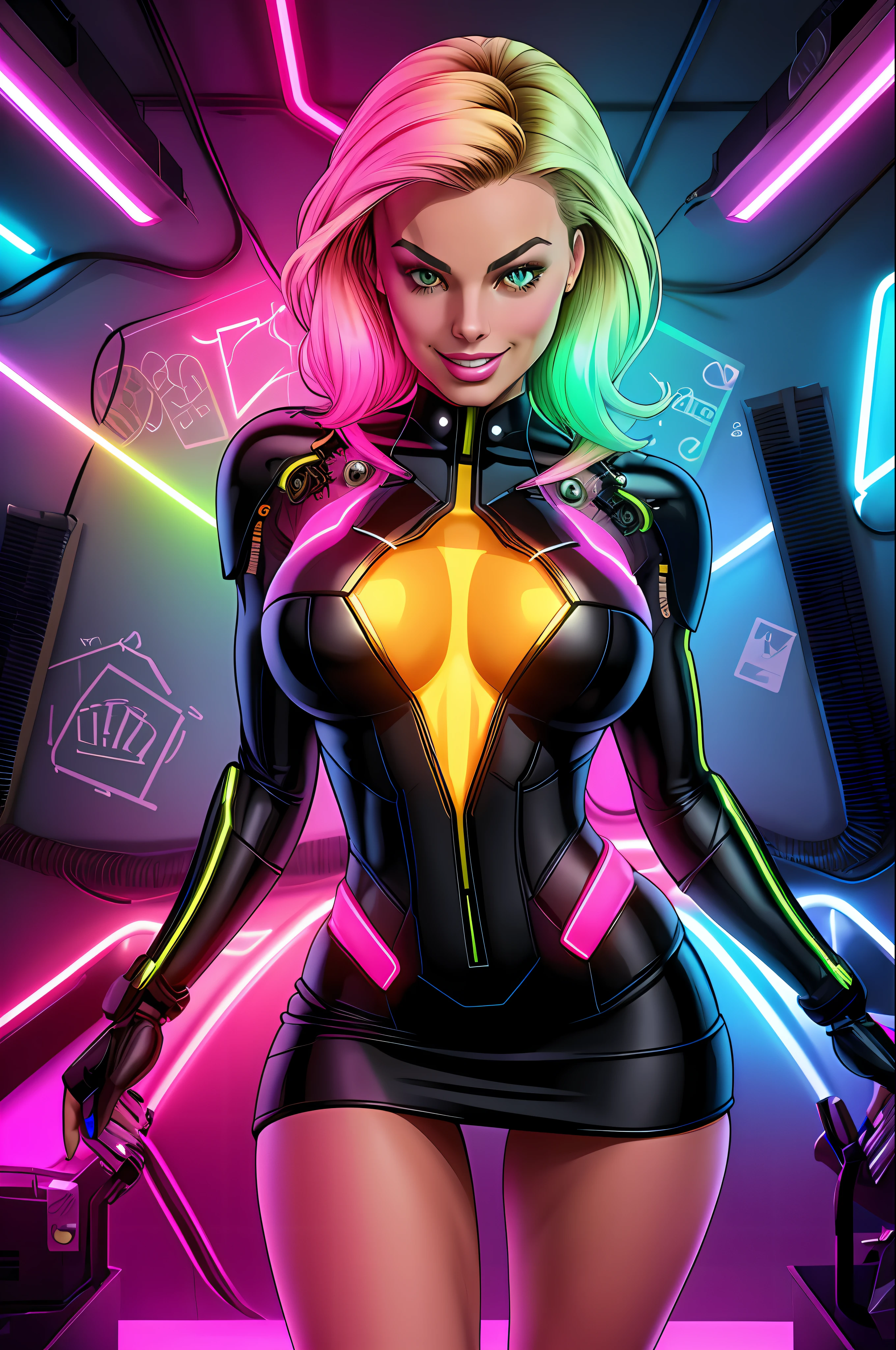 Margot Robbie style, cyborg woman, full body, (neon lights: 1.1), bright colors, (thepit  :0.5), bright, sexy,borg, robot, exposed parts, exposed mechanics, ((cyborg body with exposed mechanics))

[Anita],, looking at the viewer, smile, symmetrical, centered, closeup, extreme closeup, upper body, cleavagemilf, female, atic, fit, tall, European, minidress, animated, smile, glowsticks, futuristic,
golden outline,
[(color colors of psychedelic explosion painting:1.1)::0.125],
iridescent, chromatic aberration, studio lights, bright light, glowing skin,
realistic, realistic, photo-realistic, 8k, highly detailed, body proportions,
diffuse light, laser lights, fog