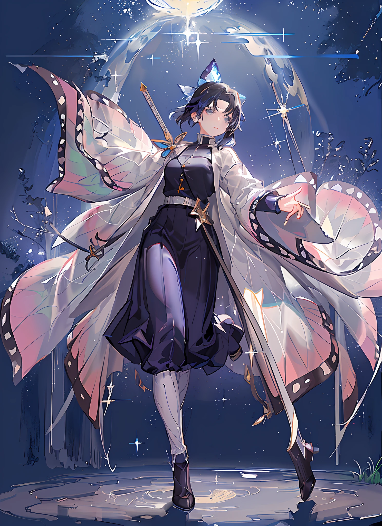 ((magical girl)), ((beautiful starry sky background)), ((ultra-detailed)), ((best artwork)), ((cinematic lighting)), dynamic angle, floating, finely detailed, (glitter: 1,2 ), (sparkle:1.2), (shine:1.2), classic, (painting:1.1), (sketch:1.1), (best quality), (masterpiece:1.2), (anime style), (solo) , beautiful detailed face, (cute face: 1.3), (big eyes: 1.3), colorful hair, (long hair: 1.2), (floating hair: 1.2), (magical girl outfit), detailed outfit, (sparkling wand: 1.3), (magic effects:1.3), (flowing skirt:1.2), (cute boots:1.1), (transparent fabric:1.1), (glitter:1.2), (glow:1.2), (shine:1.2), ( flicker:1.2) , (glare:1.2)