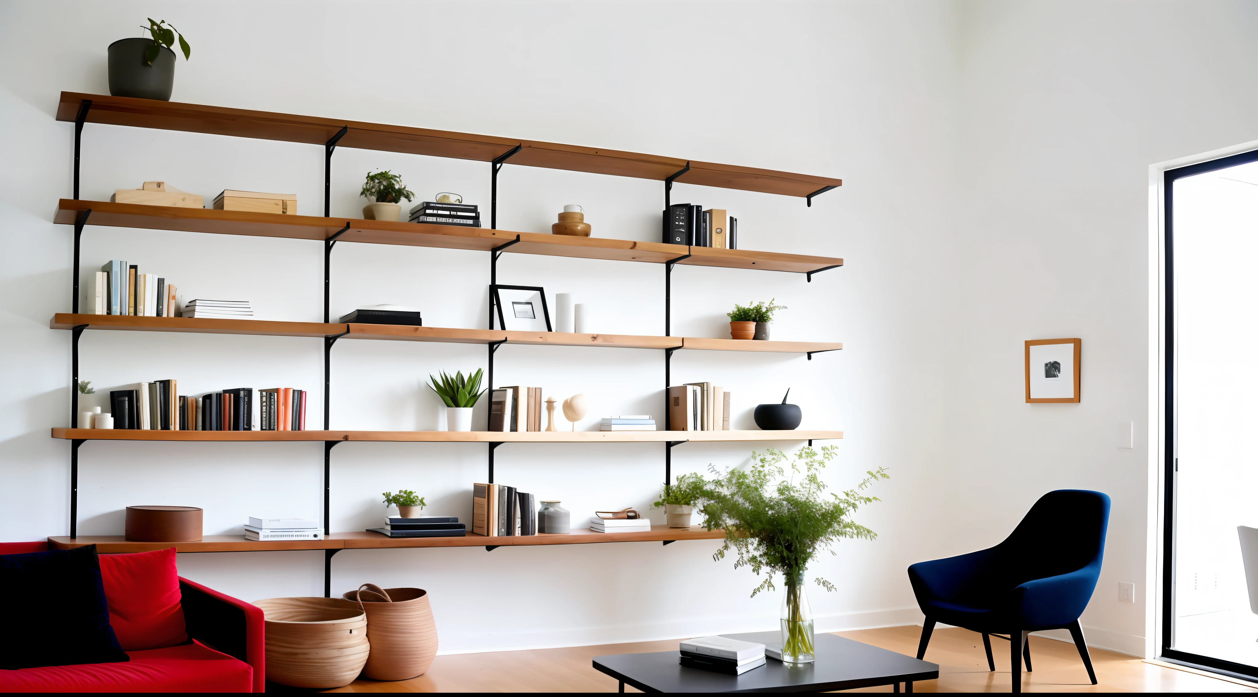 use of vertical space, shelves, hooks, minimalist environment, [(:white_wall, :wood_floor, :wooden_shelves, :black_hooks)]