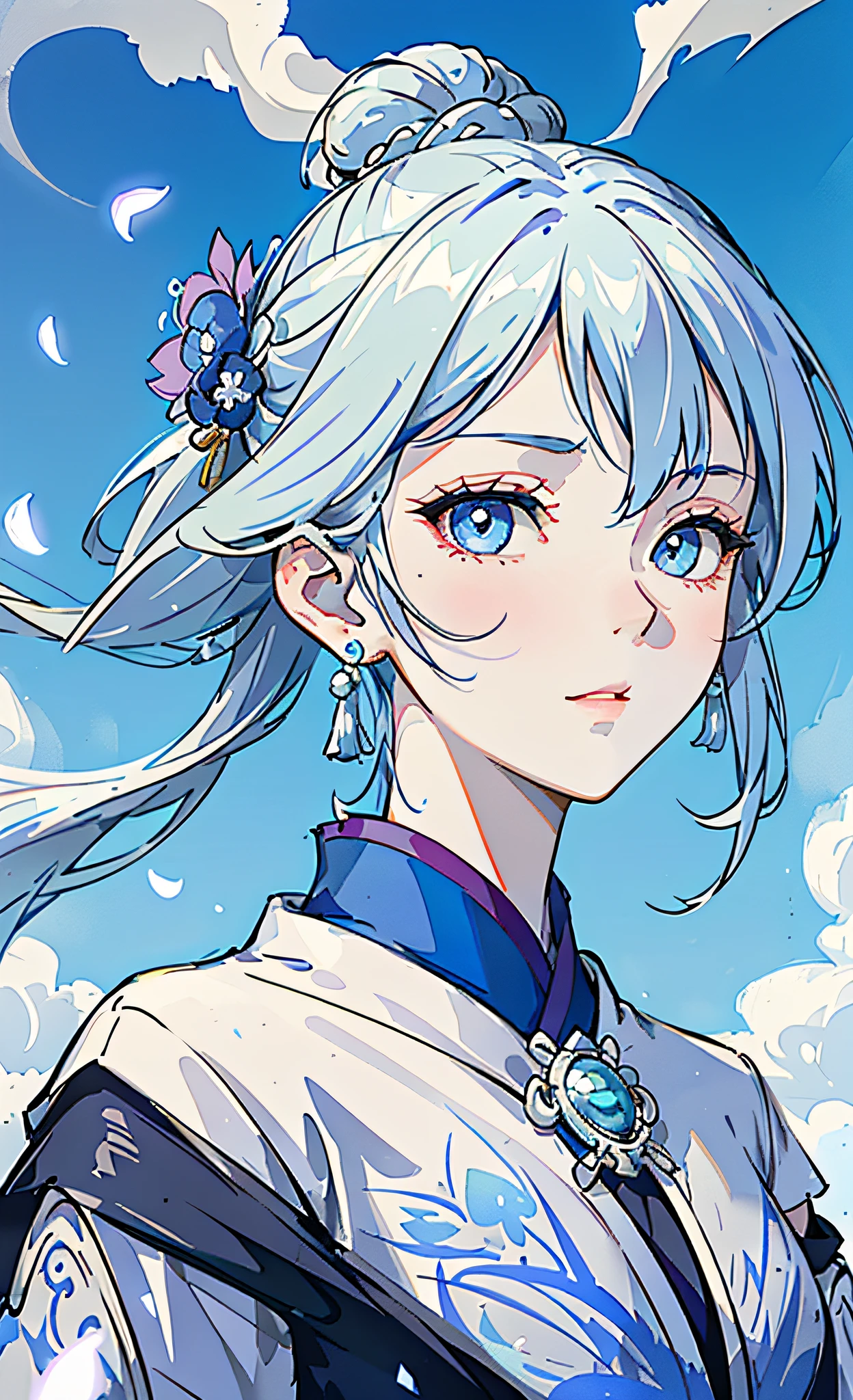 Mature girl, blue eyes, blue-white hair color, floating hair, delicate and flexible eyes, intricate damask Hanfu, gorgeous accessories, wearing pearl earrings, FOV, f/1.8, masterpiece, ancient Chinese architecture, blue sky, flower petals flying, front portrait shot, Chang'e, side lighting, sunlight on people, 8K