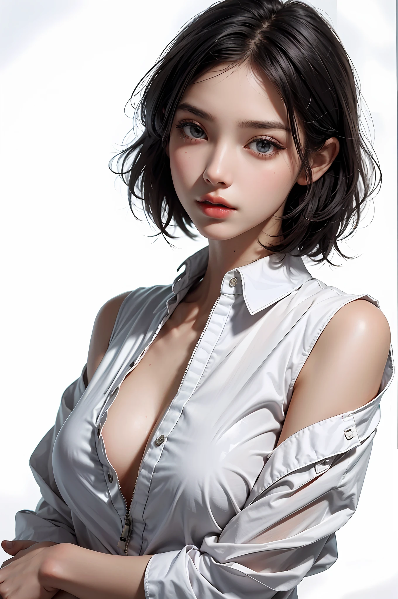 Top Quality, White Skin, Real Human Skin, (Detailed), Oval Face, Pore, Ultra High Resolution, (8k, RAW Photography, Photorealistic: 1.4), 1 Woman, Slim, (Gentle and Goddess-like Eyes) Happiness: 1.2), (Lip Gloss, Eyelashes, Pronounced Double, Gloss Face, Best Quality, Ultra High Resolution, Wide Lighting, Natural Shading), oversized jacket, fashion shirt, white background, light background, big breasts, glossy skin, short bob hair, black hair, sleeveless