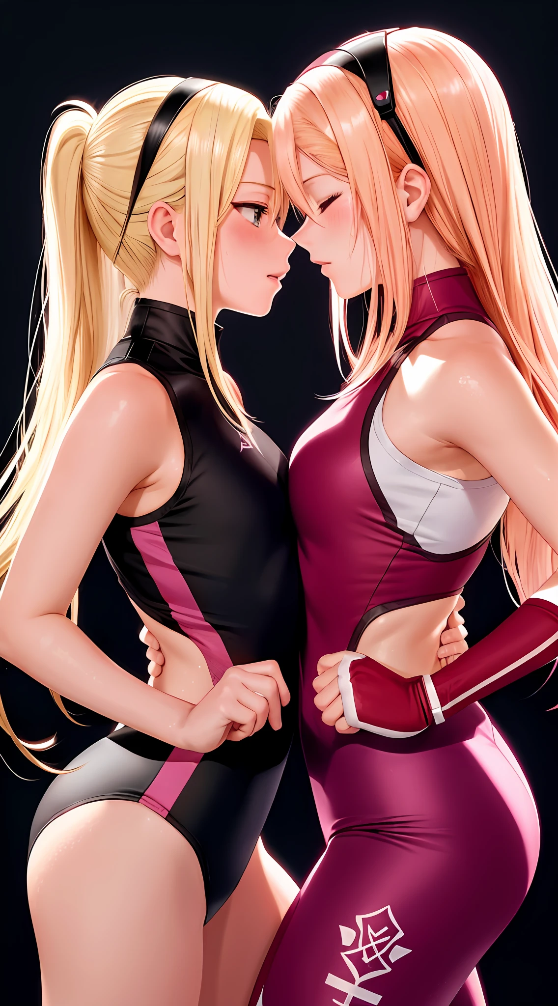 "(2 women kissing, Sakura kissing Ino, ino is blonde), sleeveless sexy spandex workout clothes, very sweaty, training, small breasts, yuri:1.4, provocative, scene background with hyper details, Konoha village.", perfect anatomy, perfect arms, perfect hands,
