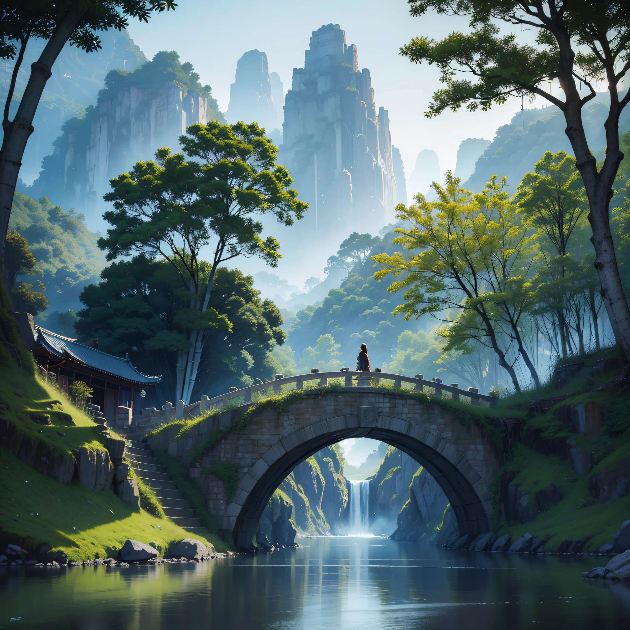 Ancient Chinese architecture, cool colors, dark night, moon, garden, bamboo, lake, stone bridge, rockery, arch, corner, tree, running water, landscape, outdoor, waterfall, grass, rock, dense fog,, a masterpiece, the best quality, stunning reflections, the best reflections ever. (very detailed CG unity 8k wallpapers), (best quality), (best illustrations), (best shadows), (Illustration: 1.0) , Epic Composition, HD Details, Masterpiece, Best Quality, (Very Detailed CG Unity 8k Wallpapers), (natural elements), (fantasy theme), (glow), (particle effects), Isometric 3D, Octane Rendering, Ray Traced, Super Detailed, perfect composition