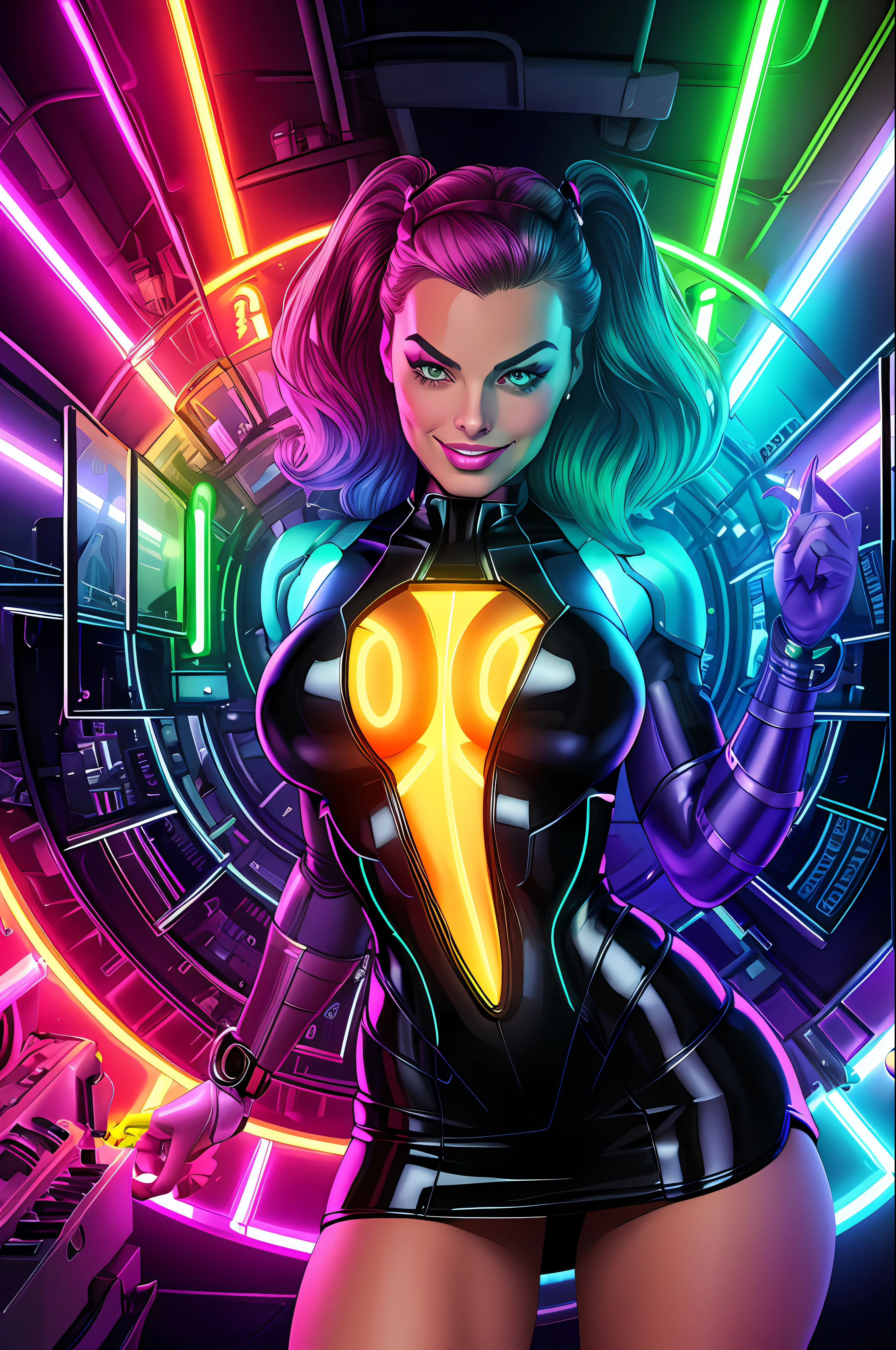 Margot Robbie style, cyborg woman, full body, (neon lights: 1.1), bright colors, (thepit bimbo :0.5), bright, sexy, cyborg, robot, exposed parts, exposed mechanics, ((cyborg body with exposed mechanics))

[Anita],, looking at the viewer, smile, symmetrical, centered, closeup, extreme closeup, upper body, cleavage focus,
milf, female, athletic, fit, tall, European, minidress, animated, smile, glowsticks, futuristic,
golden outline,
[(color colors of psychedelic explosion painting:1.1)::0.125],
iridescent, chromatic aberration, studio lights, bright light, glowing skin,
realistic, realistic, photo-realistic, 8k, highly detailed, body proportions,
diffuse light, laser lights, fog