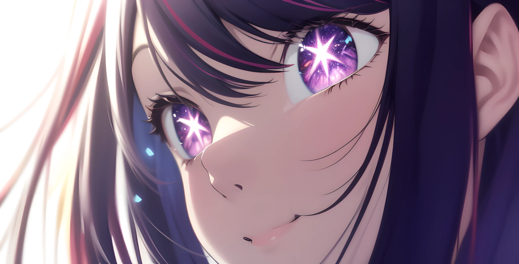 Hoshino AI, Oshi no Ko, anime girl with purple eyes and long hair looking at the camera with a beautiful and attractive smile, colorful lens reflections, glitter gif, stars in her fixed eyes, light through glass, breathtaking rendering, extreme close-up, cg anime art, attractive anime girl, beautiful anime girl,  Kantai Collection Style, Seductive Beautiful Anime Woman, Detailed Digital Anime Art, Beautiful Anime Woman, Beautiful Anime Girl, | Fine detail anime, (Anime Girl), best quality, masterpiece, ultra-detailed, beautiful, highres, original, absurd, ultra realistic 8K CG, perfect artwork, (((perfect female figure)), mature female, narrow waist, chinese deity looking at viewer, seductive posture, sexy pose, seductive, clean, beautiful face, pure face, skin, hyper realistic, ultra detailed, detailed eyes, lush body, dramatic lighting,  dynamic pose, (realistic) realistic, (masterpiece:1.3), (absurdists:1.3), (best quality:1.3), HD, FULL HD, bright lights, best quality, best quality, beautiful lighting, outdoor, (8k extremely detailed CG unit wallpaper), high details, sharp focus, dramatic and photorealistic midjourney painting art, photorealistic, red bikini, smile, beautiful smile, seductive smile, incredibly detailed face,  hyper detailed face,hyper realistic face, face with lots of detail