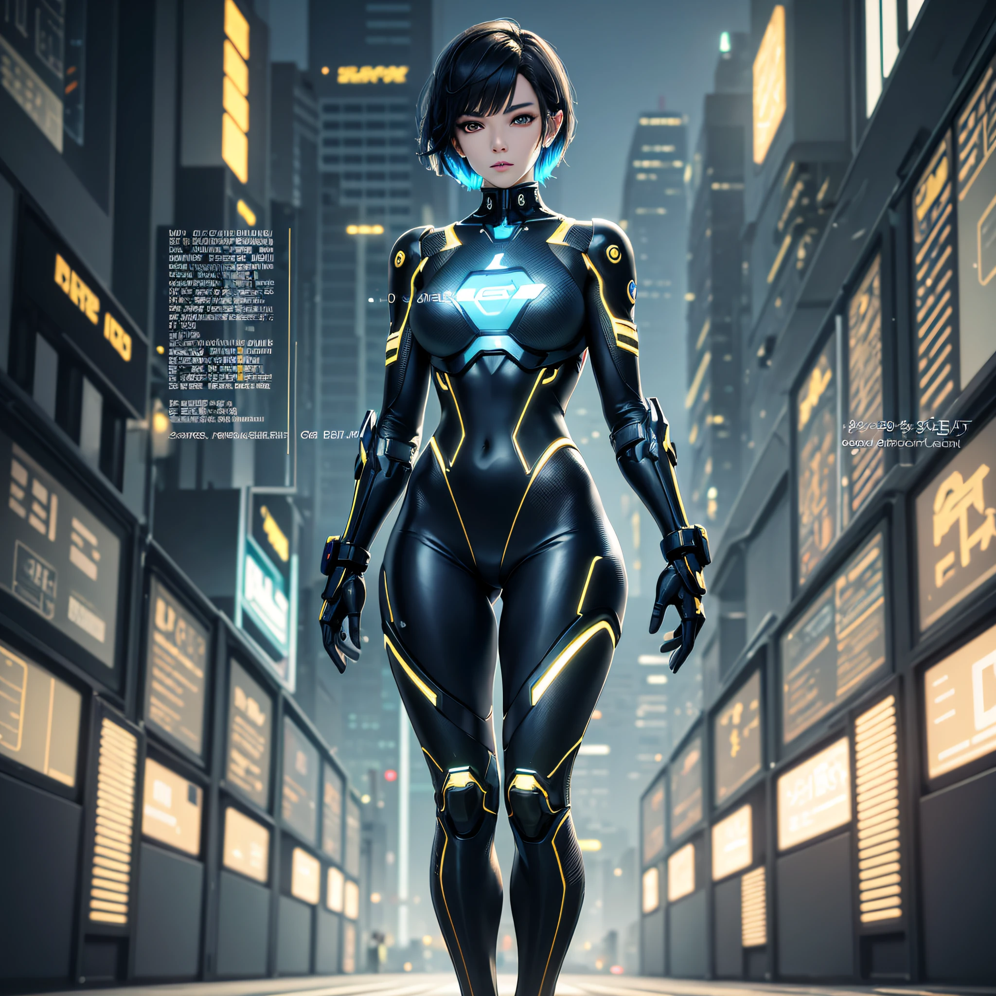 beautiful girl with Asian appearance, short hair, light eyes, with technological body parts, blue and gold details, cyberpunk style clothing, angelic style, lights, fluorescent colors, Full body + ultra, realistic, ultra realistic details, cinematic style Clear Light + full body, 8k, rendering, ultra detailed, side light, sunlight beauty, clear light --auto --s2