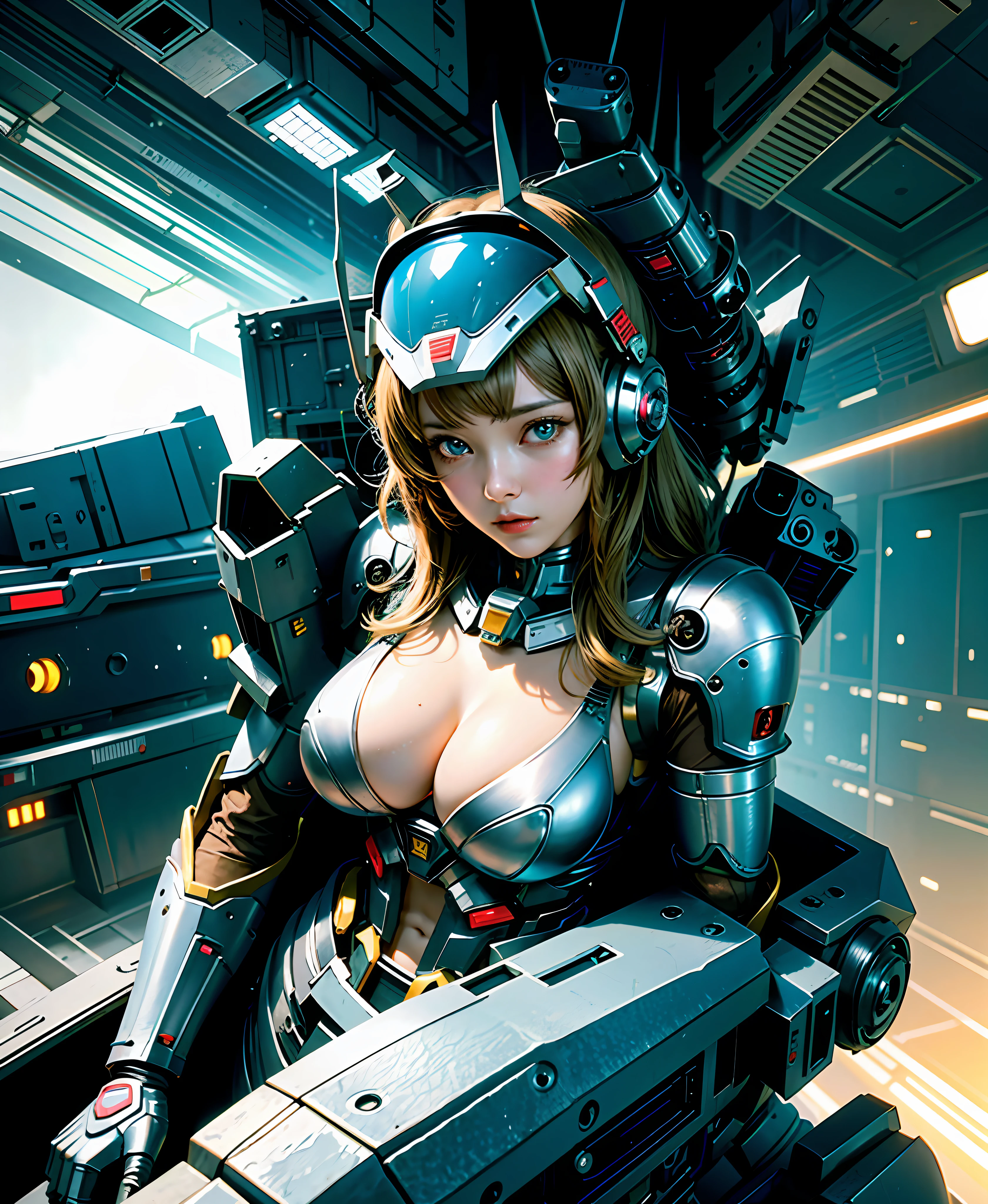 Gundam Girl, girl, big, face and breasts are raw, cleavage is visible. photorealistic, portfolio, gundam-style metal mecha suit, cyberpunk, metallic, detailed mecha parts, bunch of thin tubes, metal cylinder, detailed neon, fine LED,