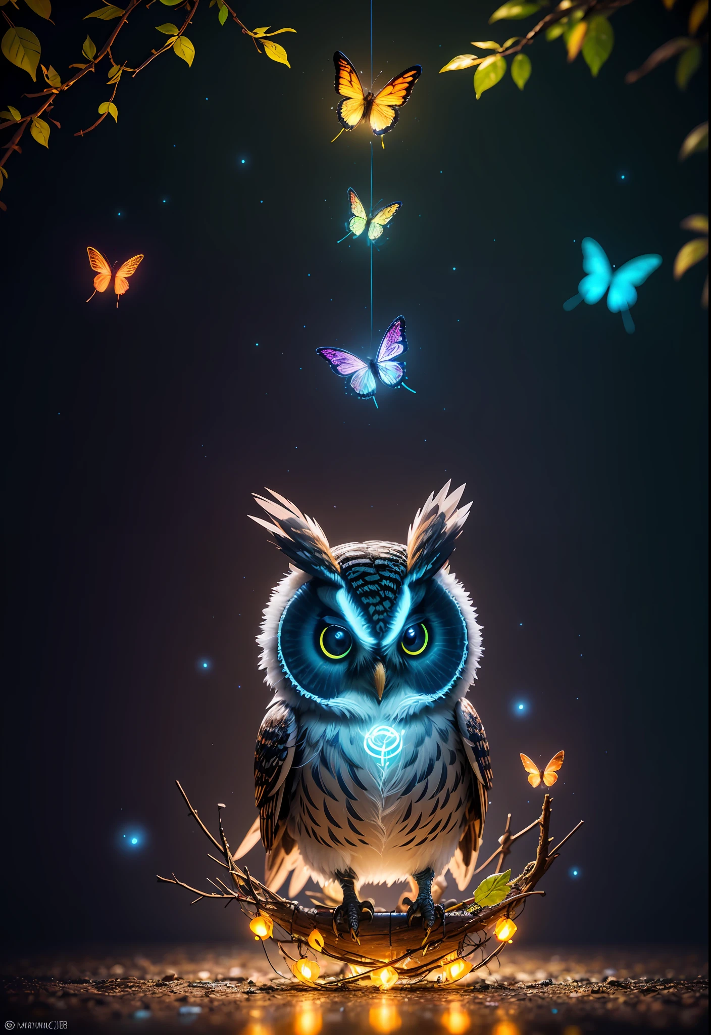 Masterpiece, best quality, extremely beautiful reflection, best reflection. (Very detailed CG unity 8k wallpaper), (best quality), (best illustration), (best shadow), a photo of a cybernetic owl, perched on barbed wire in a dark alley. His eyes are neon blue, reflecting the lights of the surrounding city. The feathers are fragmented and iridescent, and there is a wonderful code running through them. The shots used create a deformation effect, giving the impression that an owl is observing the viewer from all angles, with a forest theme with natural elements. Tall trees, quiet stream, glowing small mushrooms surrounded by delicate leaves and branches, and fireflies and glowing particle effects, (natural elements), (jungle theme), (leaves), (branches), (fireflies), butterflies, (delicate leaves), (glow), (particle effects), isometric 3D, Octane rendering, ray tracing, super detailed