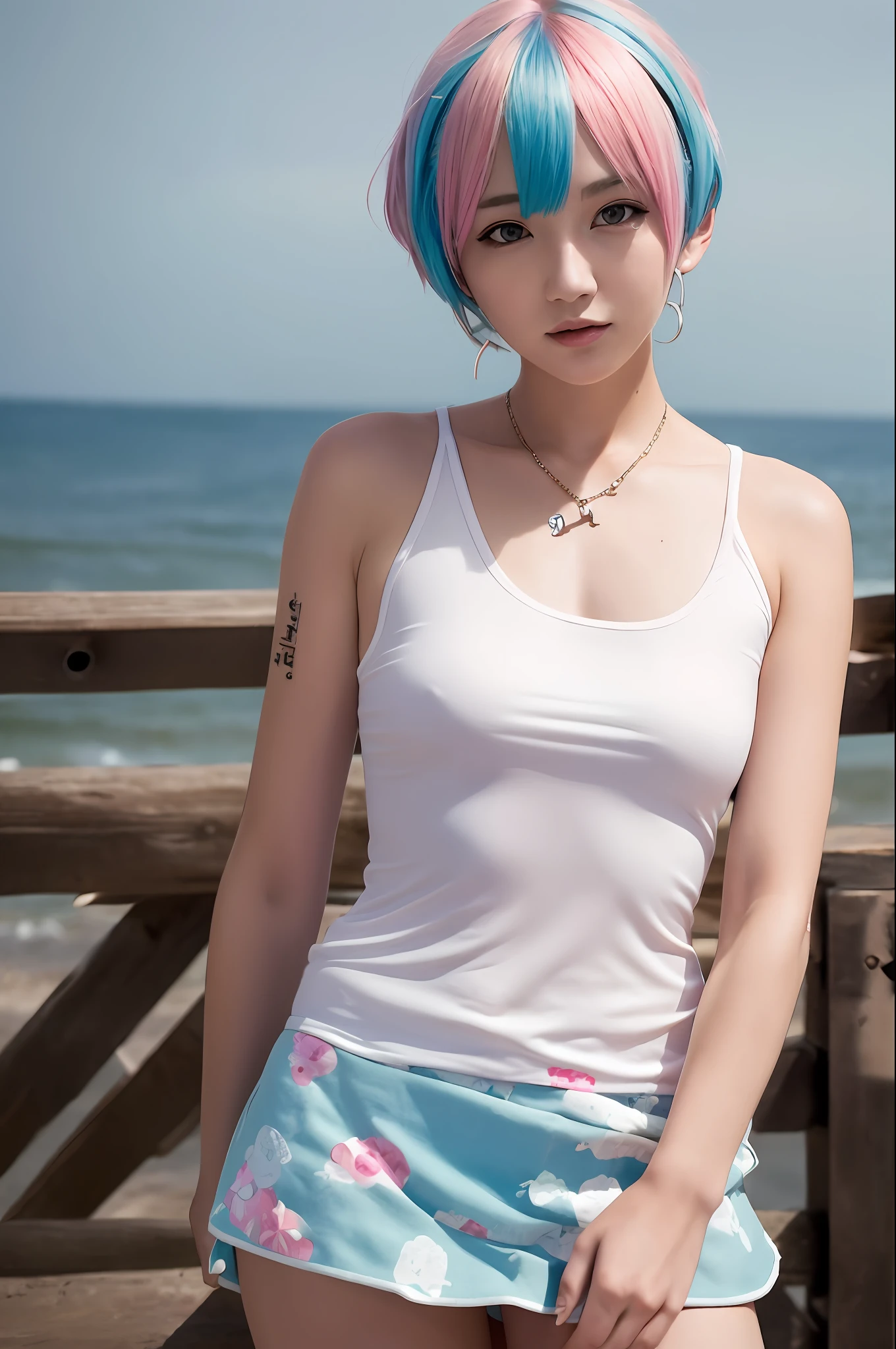 piercing woman, piercing, smile, colorful hair, punk girl, (white tank top), short cut hair, blunt bangs, (black skirt), 1girl,solo, flashy hair, photorealistic, high resolution, 1 girl, golden and pink and light blue hair, colorful hair color, korean, beach, wharf, cowboy shot,