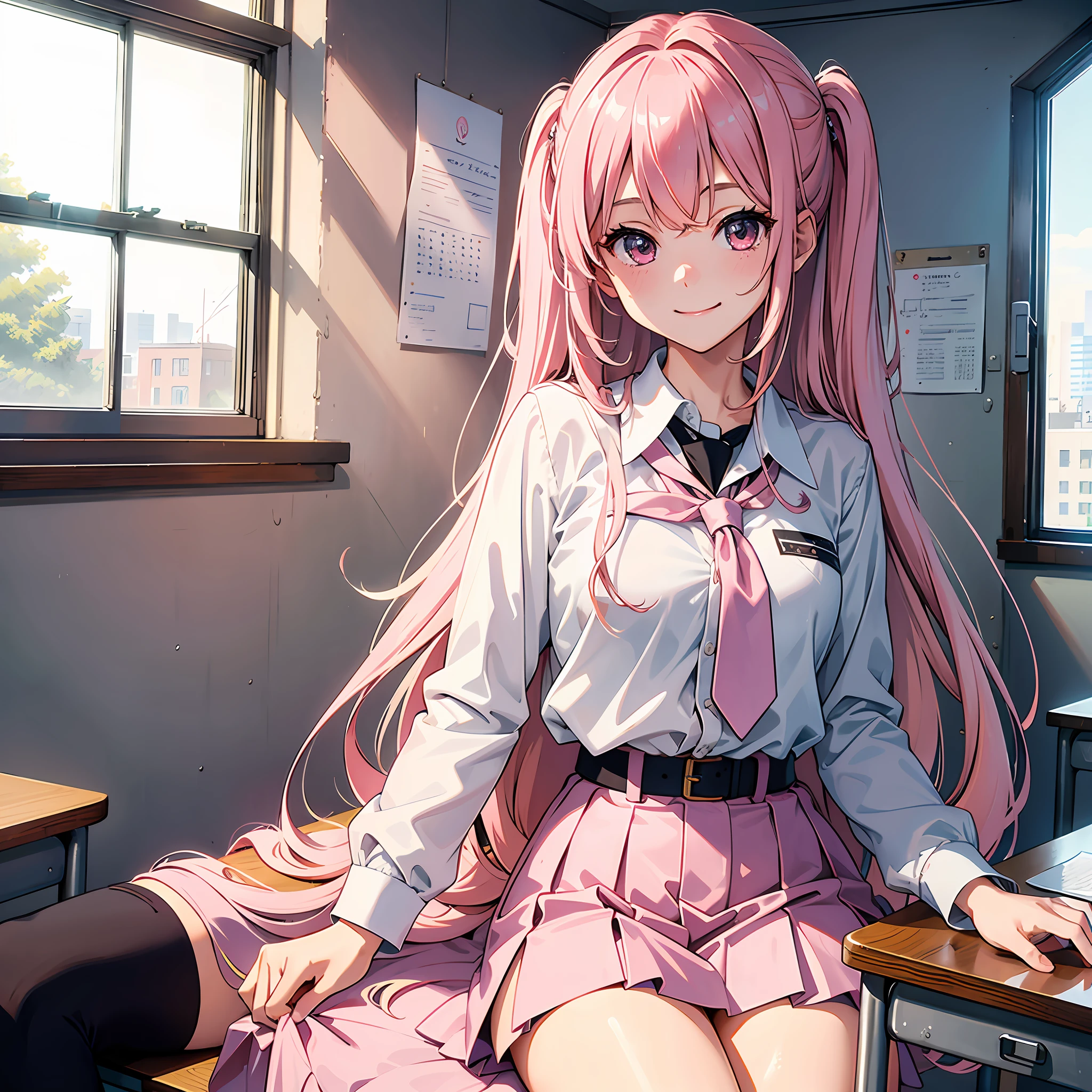 Ultra high resolution, 16k, ((masterpiece)), ((best quality))), ((super detailed)), a girl, long pink hair, high school uniform, wide eyes, smile, in the classroom