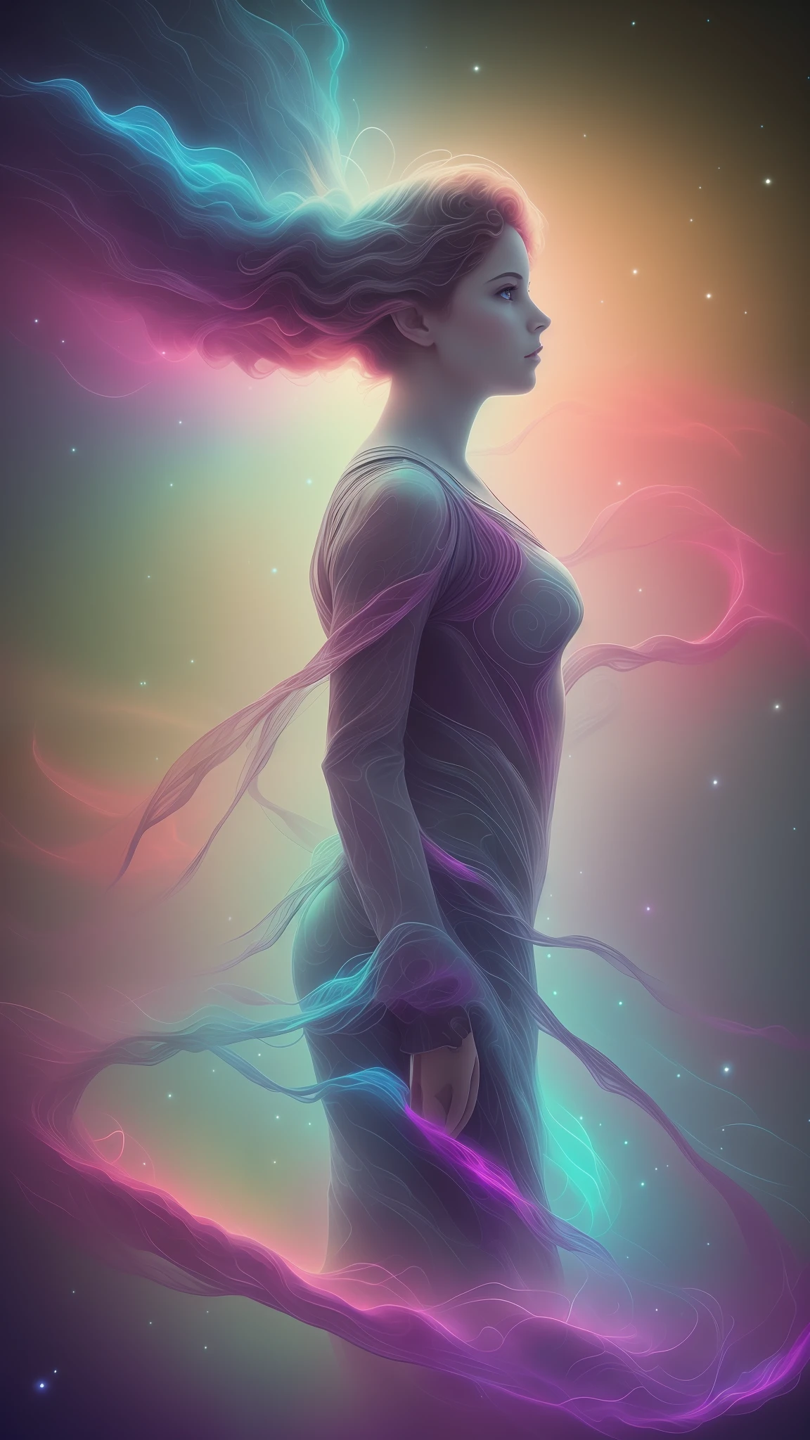 inconceivable and spectacular a scene of emergence of a figure from the glowing cloud, fractal nebula threads, cosmic entities, celestial, cosmic, vibrant and vivid, swirls, twirling, unrealistic, high contrast, symobolism, magical, mystical, mystifying, hyperrealistic, oversaturate, colorfully