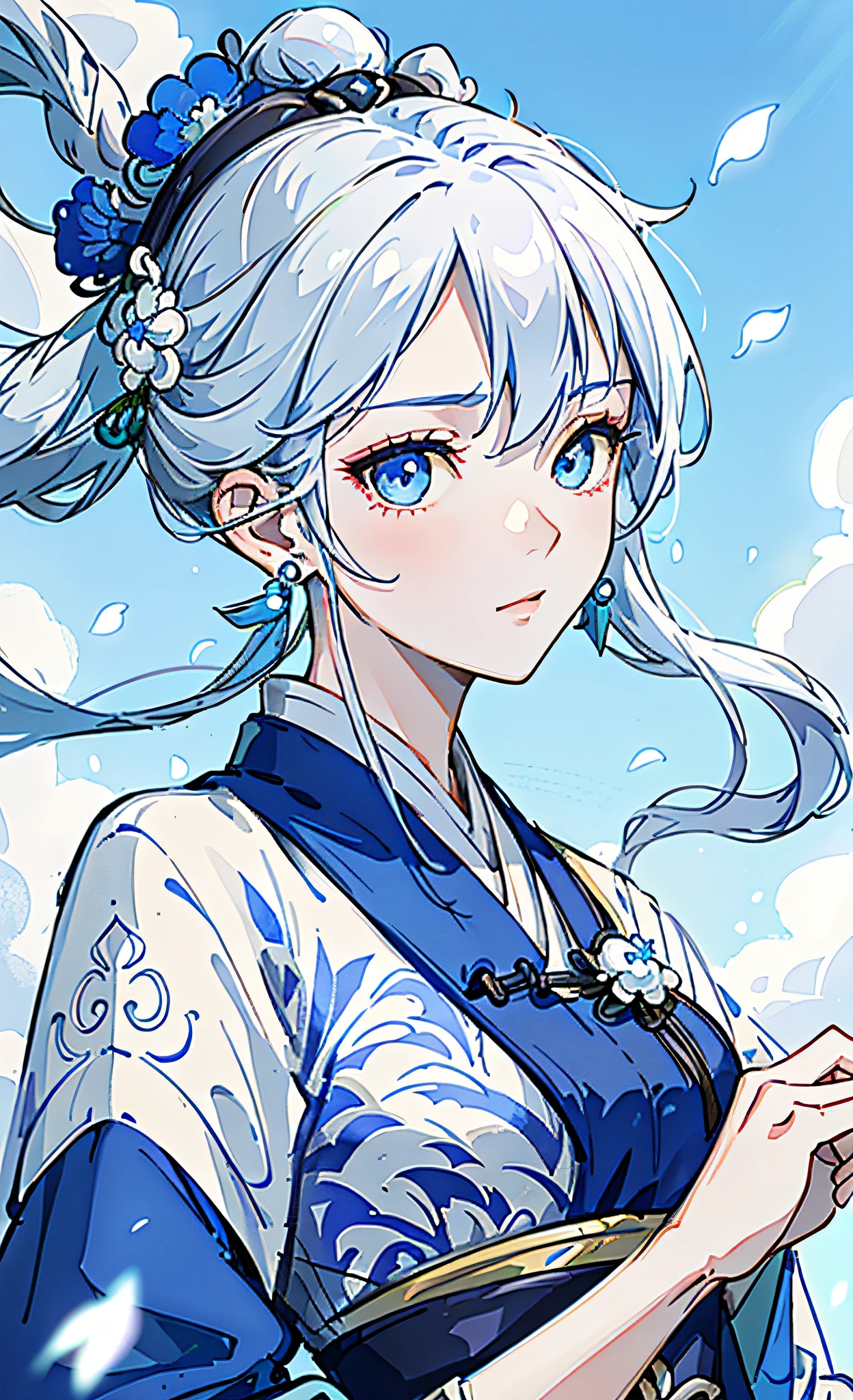 Mature girl, blue eyes, blue-white hair color, floating hair, delicate and flexible eyes, intricate damask Hanfu, gorgeous accessories, wearing pearl earrings, FOV, f/1.8, masterpiece, ancient Chinese architecture, blue sky, flower petals flying, front portrait shot, Chang'e, side lighting, sunlight on people, 8K