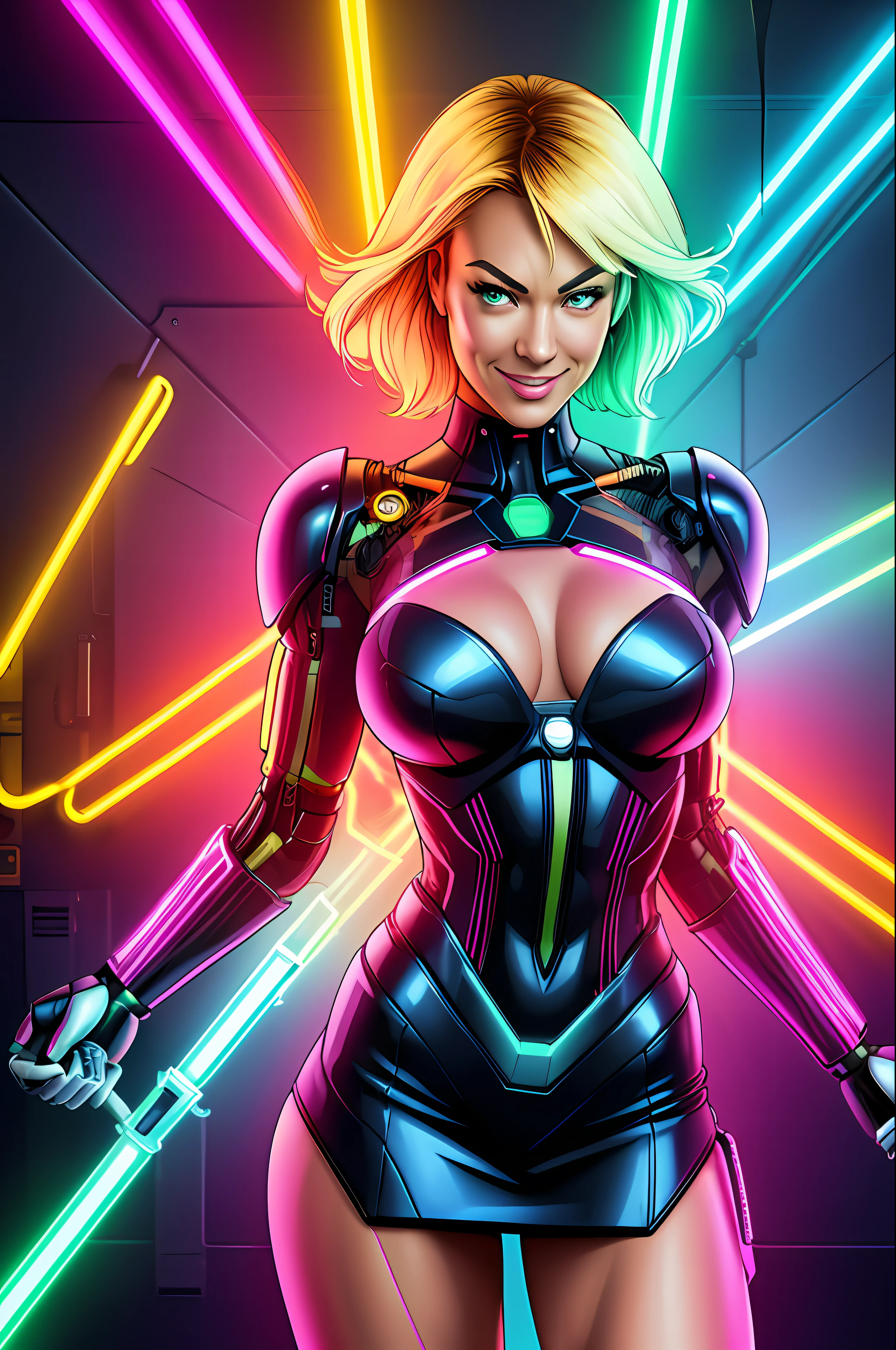 Yvonne Strahovski style, Cyborg woman, full body, (neon lights: 1.1), bright colors, (Thepit Bimbo:0.5), bright, sexy, cyborg, robot, exposed parts, exposed mechanics, ((Cyborg body with exposed mechanics))

[Anita],, looking at the viewer, smile, symmetrical, centered, closeup, extreme closeup, upper body, cleavage focus,
milf, female, athletic, fit, tall, European, minidress, animated, smile, glowsticks, futuristic,
golden outline,
[(color colors of psychedelic explosion painting:1.1)::0.125],
iridescent, chromatic aberration, studio lights, bright light, glowing skin,
realistic, realistic, photo-realistic, 8k, highly detailed, body proportions,
diffuse light, laser lights, fog