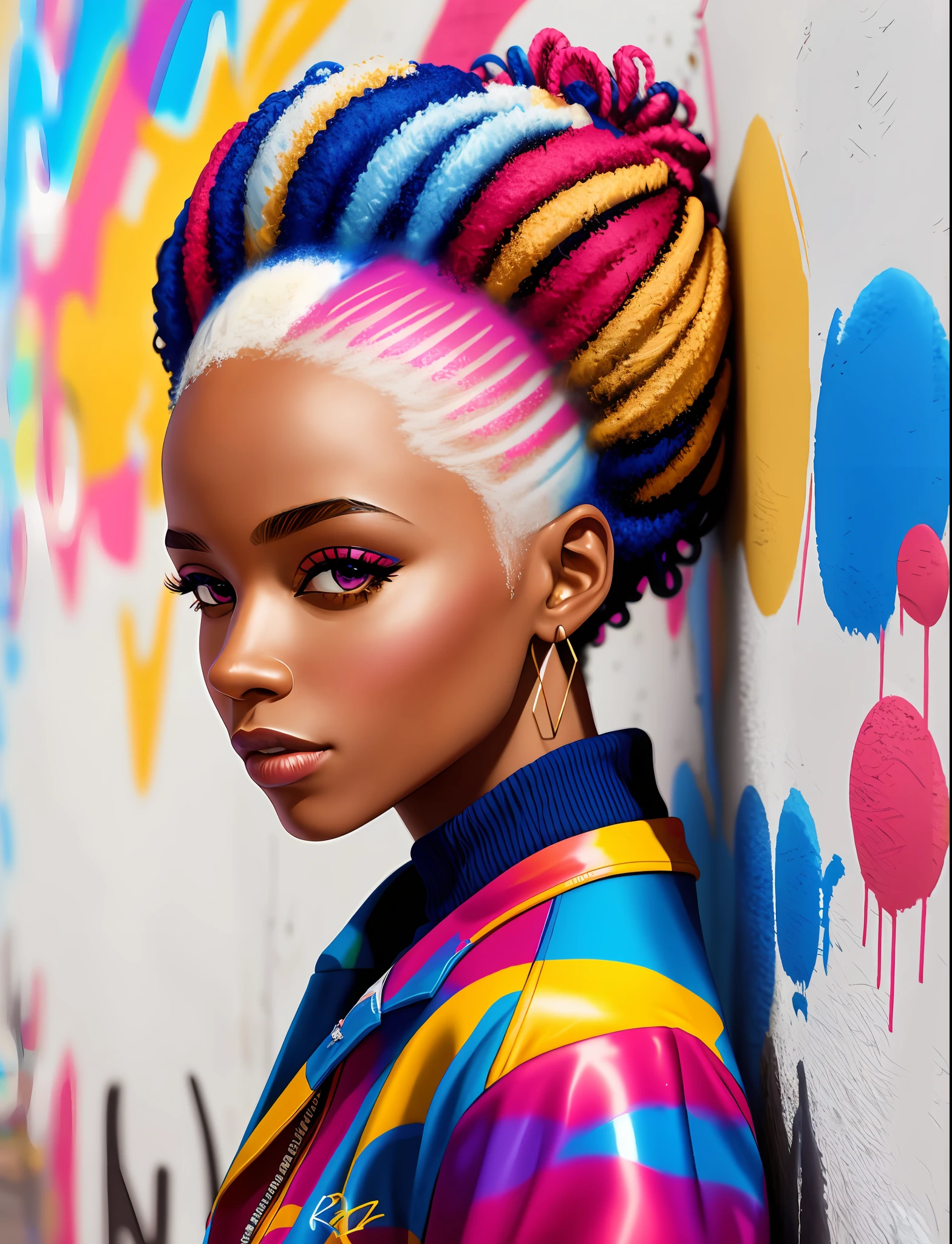 Graffiti painting, street art, 16k extremely detailed CG unit wallpaper, 16k landscape, artwork, masterpiece, best quality, amazing light strokes, of an African American woman with platinum hair in graffiti style on a white wall with vibrant colors.