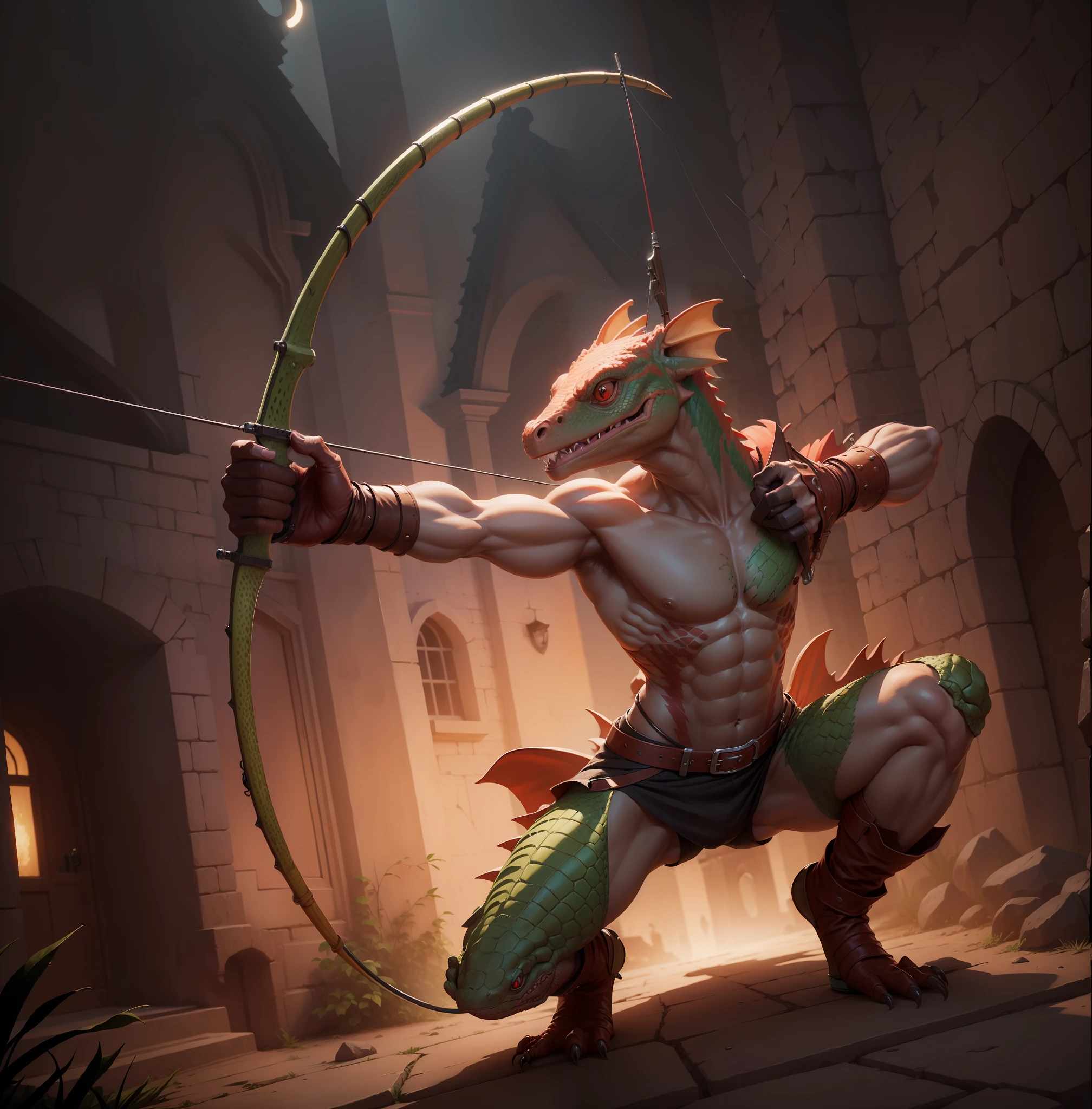 Based on this image, create a reddish-colored kobolt (humanoid lizard) rpg character, shooting with a bow and arrow, inside a medieval town at night