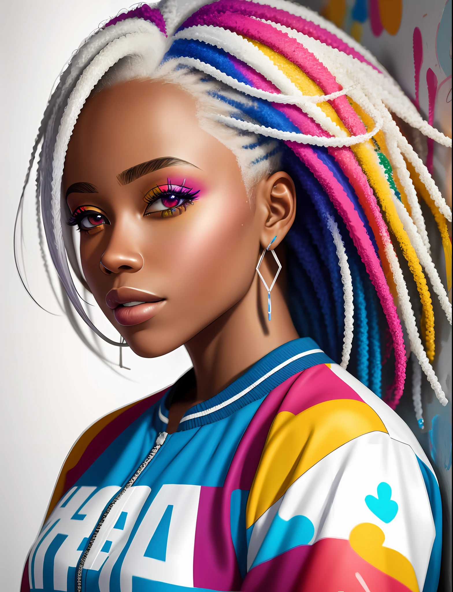 Graffiti painting, street art, 16k extremely detailed CG unit wallpaper, 16k landscape, artwork, masterpiece, best quality, amazing light strokes, of an African American woman with platinum hair in graffiti style on a white wall with vibrant colors.