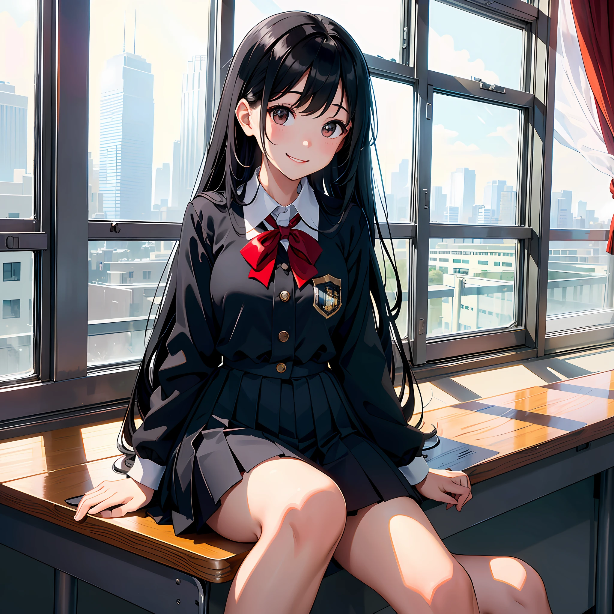 Ultra high resolution, 16k, ((masterpiece)), ((best quality))), ((super detailed)), a girl, long black hair, high school uniform, wide eyes, smiling, in the classroom, sitting by the window, looking out the window