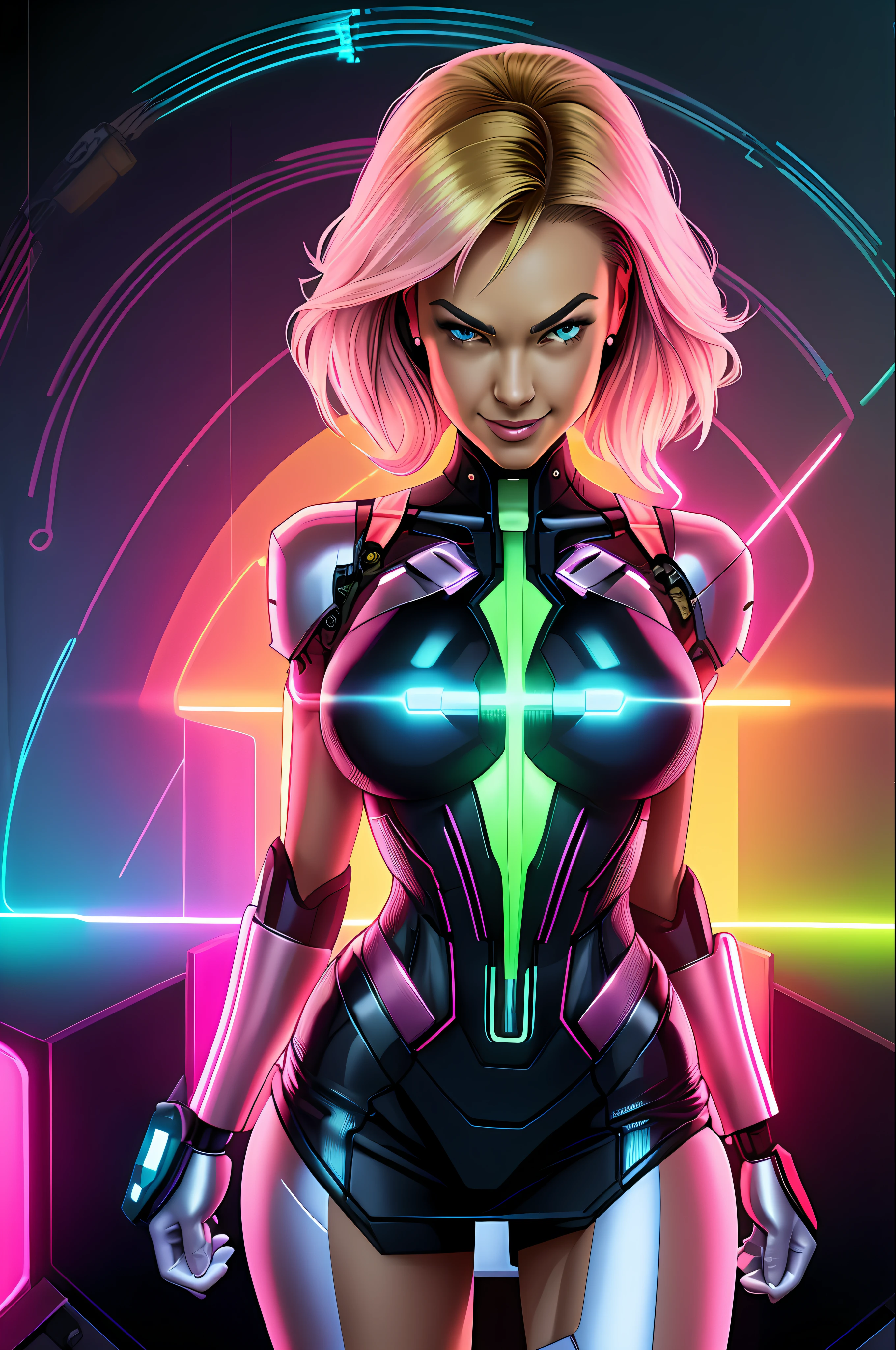 Yvonne Strahovski style, Cyborg woman, full body, (neon lights: 1.1), bright colors, (Thepit Bimbo:0.5), bright, sexy, cyborg, robot, exposed parts, exposed mechanics, ((Cyborg body with exposed mechanics))

[Anita],, looking at the viewer, smile, symmetrical, centered, closeup, extreme closeup, upper body, cleavage focus,
milf, female, athletic, fit, tall, European, minidress, animated, smile, glowsticks, futuristic,
golden outline,
[(color colors of psychedelic explosion painting:1.1)::0.125],
iridescent, chromatic aberration, studio lights, bright light, glowing skin,
realistic, realistic, photo-realistic, 8k, highly detailed, body proportions,
diffuse light, laser lights, fog